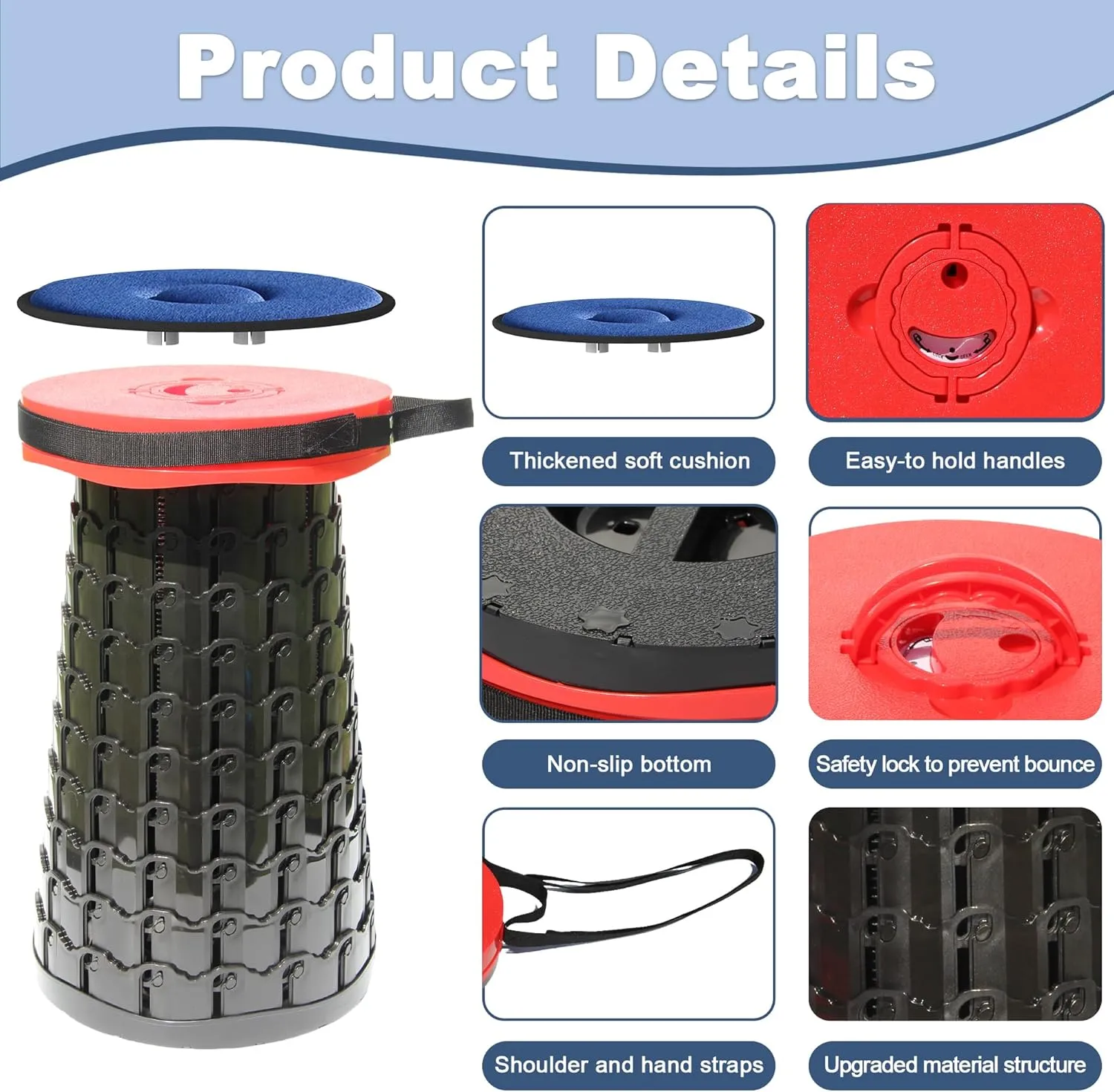 ALEVMOOM 2025 Upgraded XXL 19.7" Collapsible Stool with Seat Cushion, Retractable Folding Camping Stool for Adults Max Load 1000lbs, Heavy Duty for Fishing Hiking Gardening(Red-XXL)
