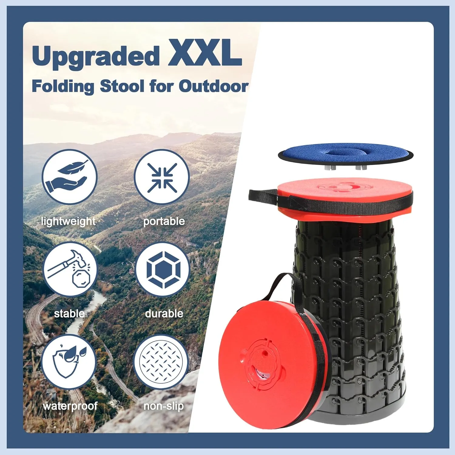 ALEVMOOM 2025 Upgraded XXL 19.7" Collapsible Stool with Seat Cushion, Retractable Folding Camping Stool for Adults Max Load 1000lbs, Heavy Duty for Fishing Hiking Gardening(Red-XXL)