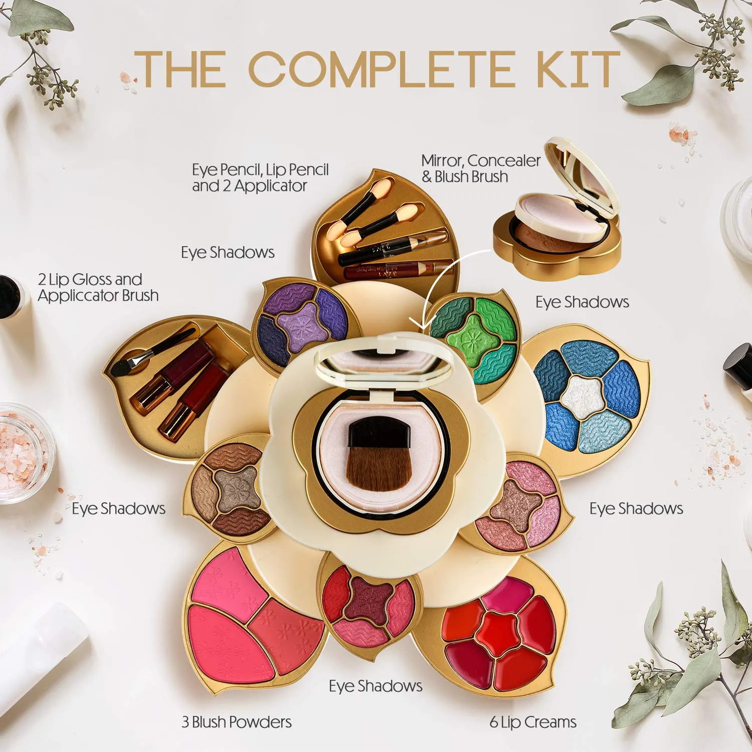 All In One Makeup Kit for Teens and Women - Flower Makeup Set for Girls with Pigmented Eyeshadows, Lip Creams, Blushes, Concealer and Mirror - Full Starter Makeup Gift Set for Beginners