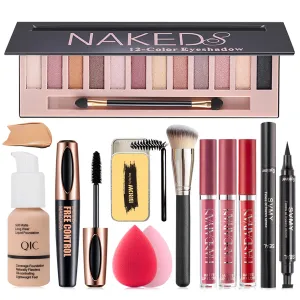 All in One Makeup Kit, Includes 12 Colors Naked Eyeshadow Palette, Beige Liquid Foundation, Lipstick Set, Eyebrow Soap, Eyeliner Stamp, Waterproof Mascara, Makeup Brush, Makeup Sponges