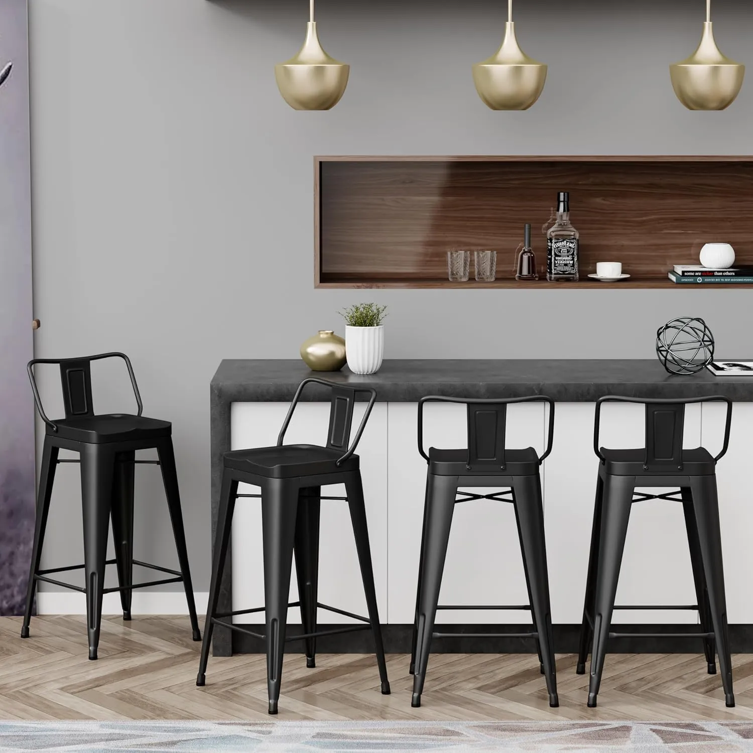 Alunaune 26" Metal Bar Stools Set of 4 Counter Height Barstools Industrial Counter Stool Kitchen Bar Chairs Indoor Outdoor-Low Back, Black