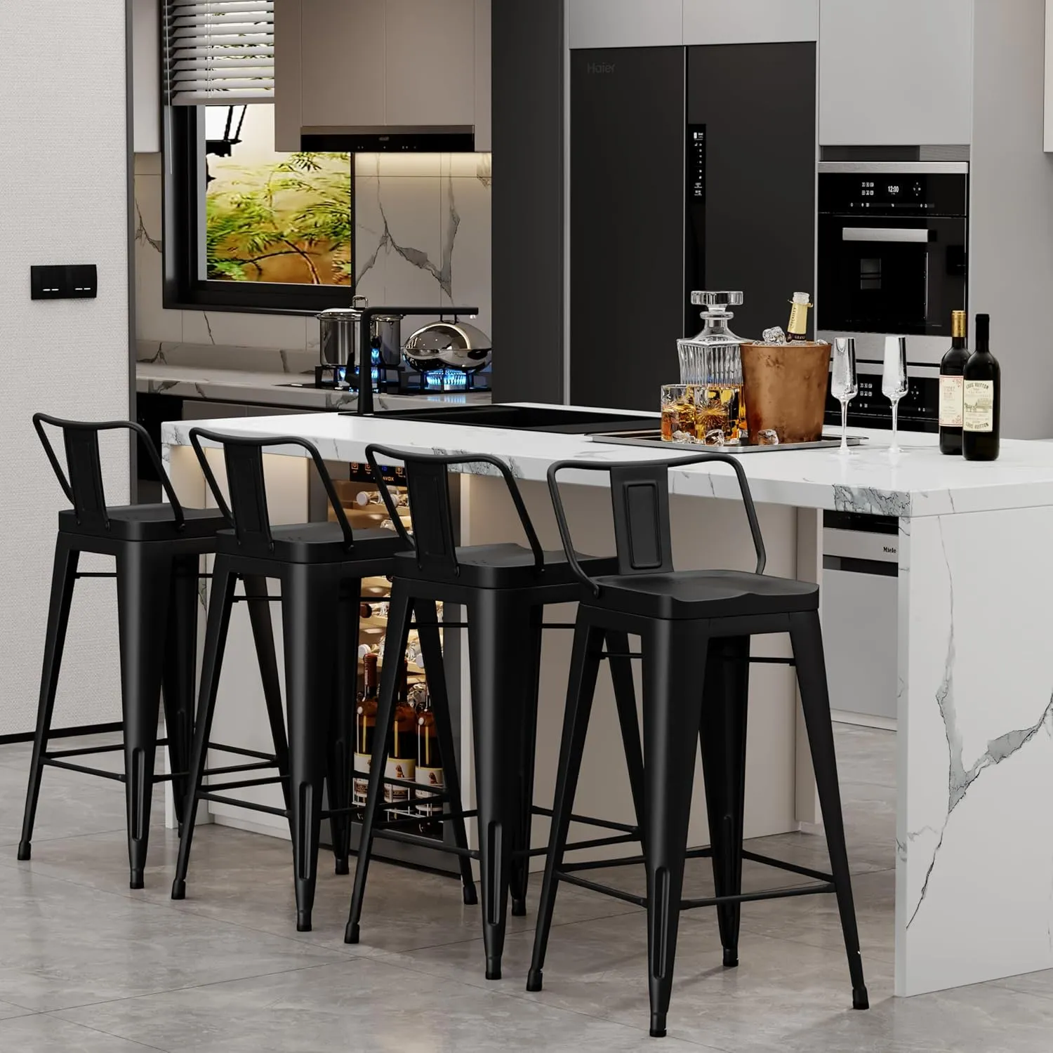Alunaune 26" Metal Bar Stools Set of 4 Counter Height Barstools Industrial Counter Stool Kitchen Bar Chairs Indoor Outdoor-Low Back, Black