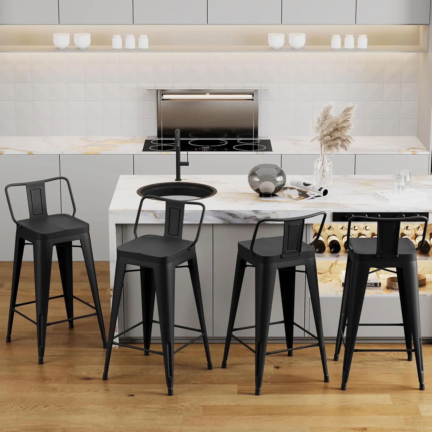 Alunaune 26" Metal Bar Stools Set of 4 Counter Height Barstools Industrial Counter Stool Kitchen Bar Chairs Indoor Outdoor-Low Back, Black