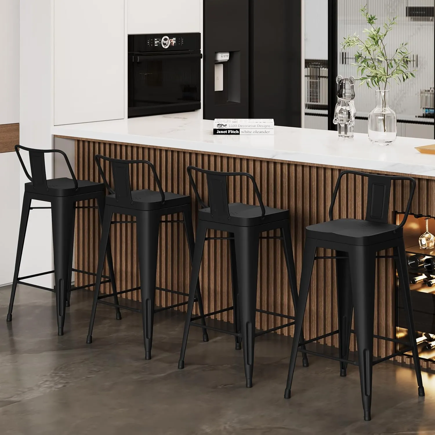 Alunaune 26" Metal Bar Stools Set of 4 Counter Height Barstools Industrial Counter Stool Kitchen Bar Chairs Indoor Outdoor-Low Back, Black