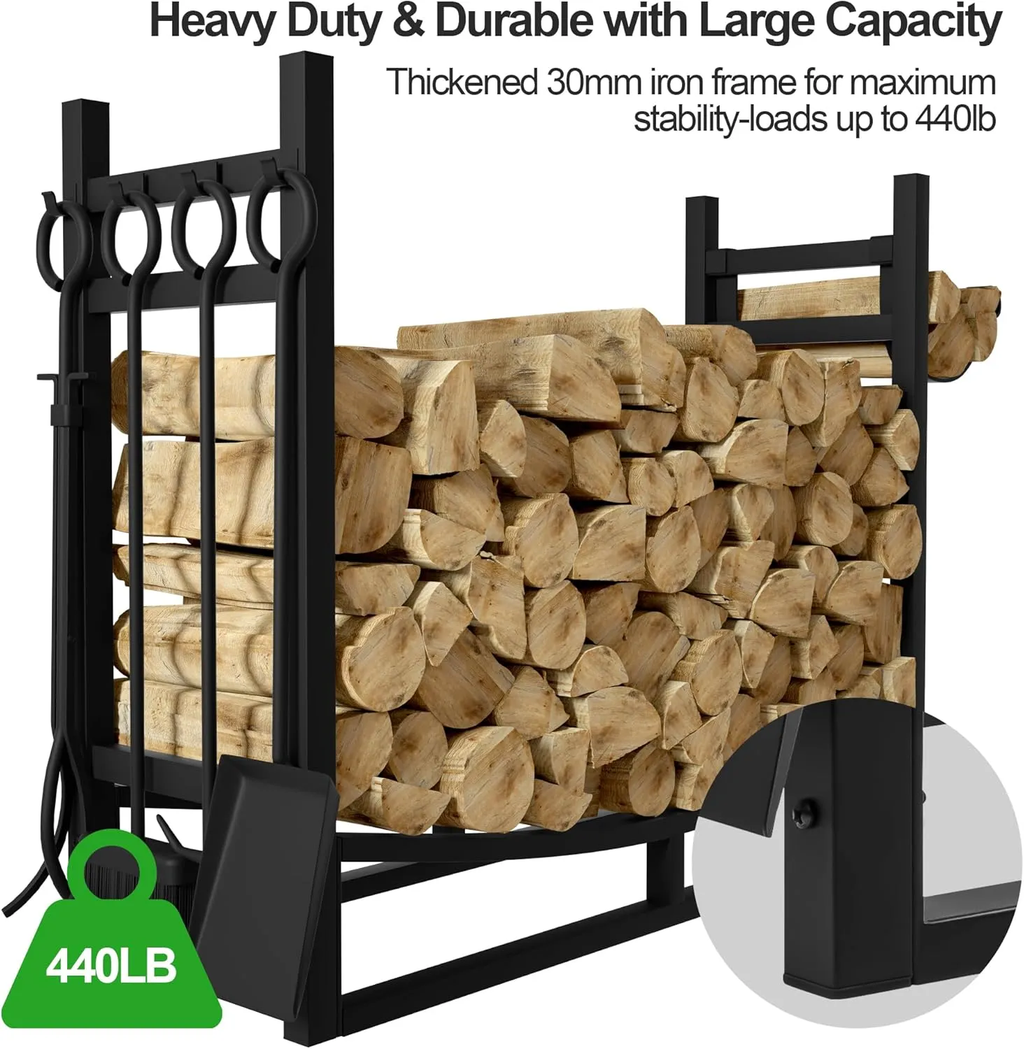 AMAGABELI GARDEN & HOME 30.7in Large Firewood Rack With Fireplace Tools Set Wrought Iron Indoor Outdoor Kindling Log Holder Heavy Duty Wide Wood Storage Log Rack Accessories Shovel Poker Tongs Broom