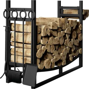 AMAGABELI GARDEN & HOME 30.7in Large Firewood Rack With Fireplace Tools Set Wrought Iron Indoor Outdoor Kindling Log Holder Heavy Duty Wide Wood Storage Log Rack Accessories Shovel Poker Tongs Broom