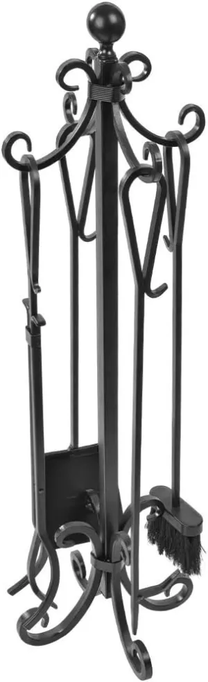 AMAGABELI GARDEN & HOME 5 Pieces Fireplace Tools Set Black Cast Wrought Iron Tool Set with Log Holder Fire Set Stand Scroll Rustic Antique Accessories Set