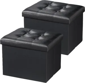 AmasSmile Storage Ottoman Folding Foot Rest Stool, Leather Footstool Bench, Short Ottoman Stool, Storage Foot Rest Store, Books (Black-2pc, 13" D x 17" W x 13" H)