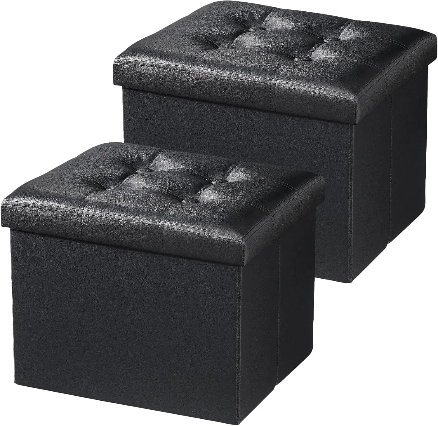 AmasSmile Storage Ottoman Folding Foot Rest Stool, Leather Footstool Bench, Short Ottoman Stool, Storage Foot Rest Store, Books (Black-2pc, 13" D x 17" W x 13" H)