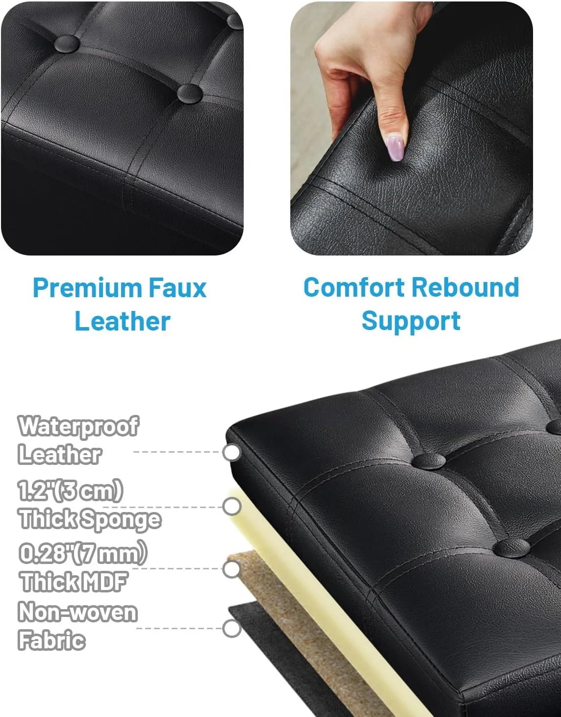 AmasSmile Storage Ottoman Folding Foot Rest Stool, Leather Footstool Bench, Short Ottoman Stool, Storage Foot Rest Store, Books (Black-2pc, 13" D x 17" W x 13" H)