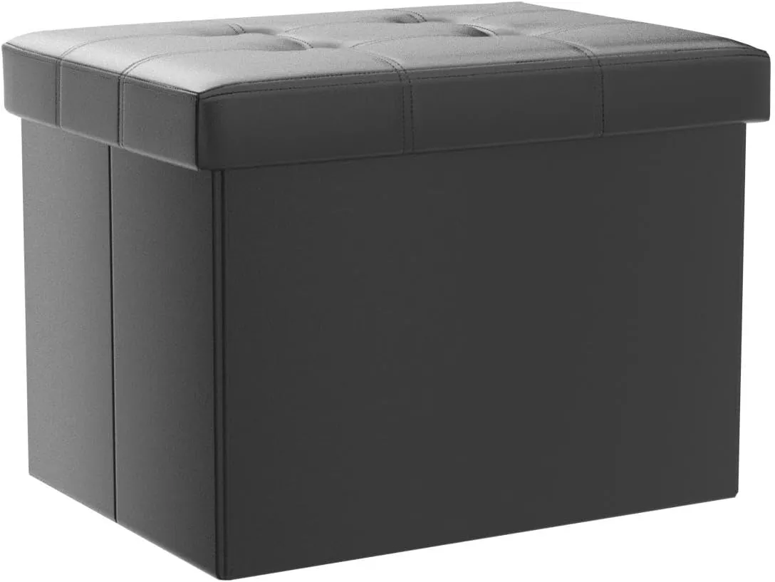 AmasSmile Storage Ottoman Folding Foot Rest Stool, Leather Footstool Bench, Short Ottoman Stool, Storage Foot Rest Store, Books (Black-2pc, 13" D x 17" W x 13" H)
