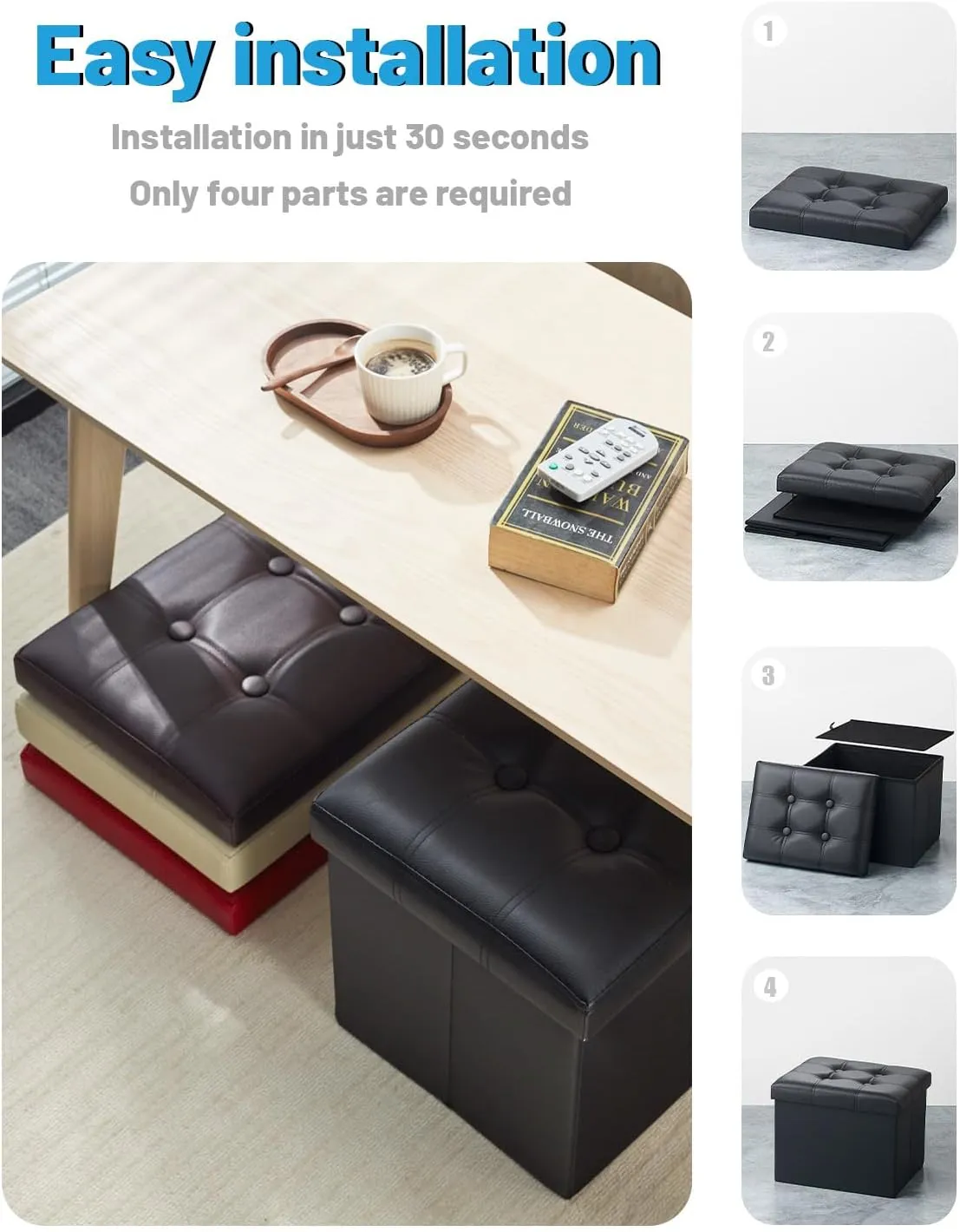 AmasSmile Storage Ottoman Folding Foot Rest Stool, Leather Footstool Bench, Short Ottoman Stool, Storage Foot Rest Store, Books (Black-2pc, 13" D x 17" W x 13" H)