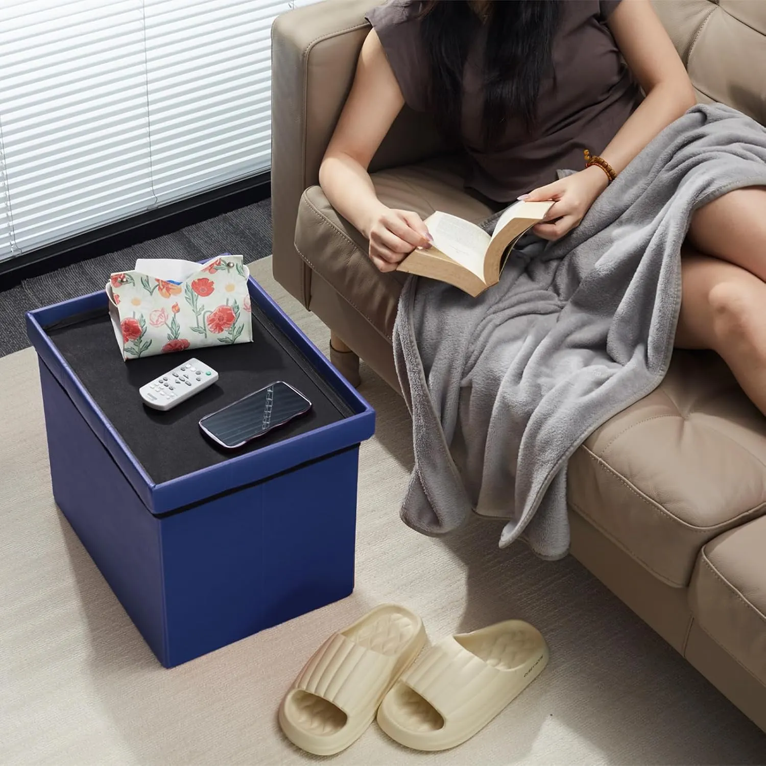 AmasSmile Storage Ottoman Folding Foot Rest Stool, Leather Footstool Bench, Short Ottoman Stool, Storage Foot Rest Store, Books (Blue, 13" D x 17" W x 13" H)