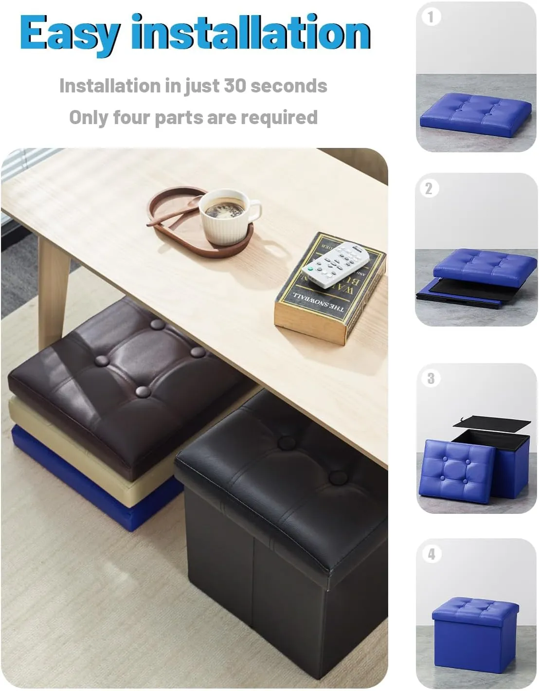 AmasSmile Storage Ottoman Folding Foot Rest Stool, Leather Footstool Bench, Short Ottoman Stool, Storage Foot Rest Store, Books (Blue, 13" D x 17" W x 13" H)