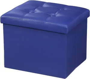 AmasSmile Storage Ottoman Folding Foot Rest Stool, Leather Footstool Bench, Short Ottoman Stool, Storage Foot Rest Store, Books (Blue, 13" D x 17" W x 13" H)