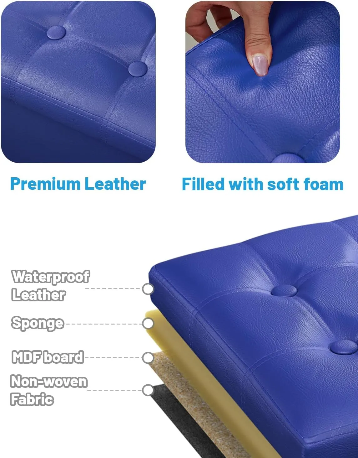 AmasSmile Storage Ottoman Folding Foot Rest Stool, Leather Footstool Bench, Short Ottoman Stool, Storage Foot Rest Store, Books (Blue, 13" D x 17" W x 13" H)