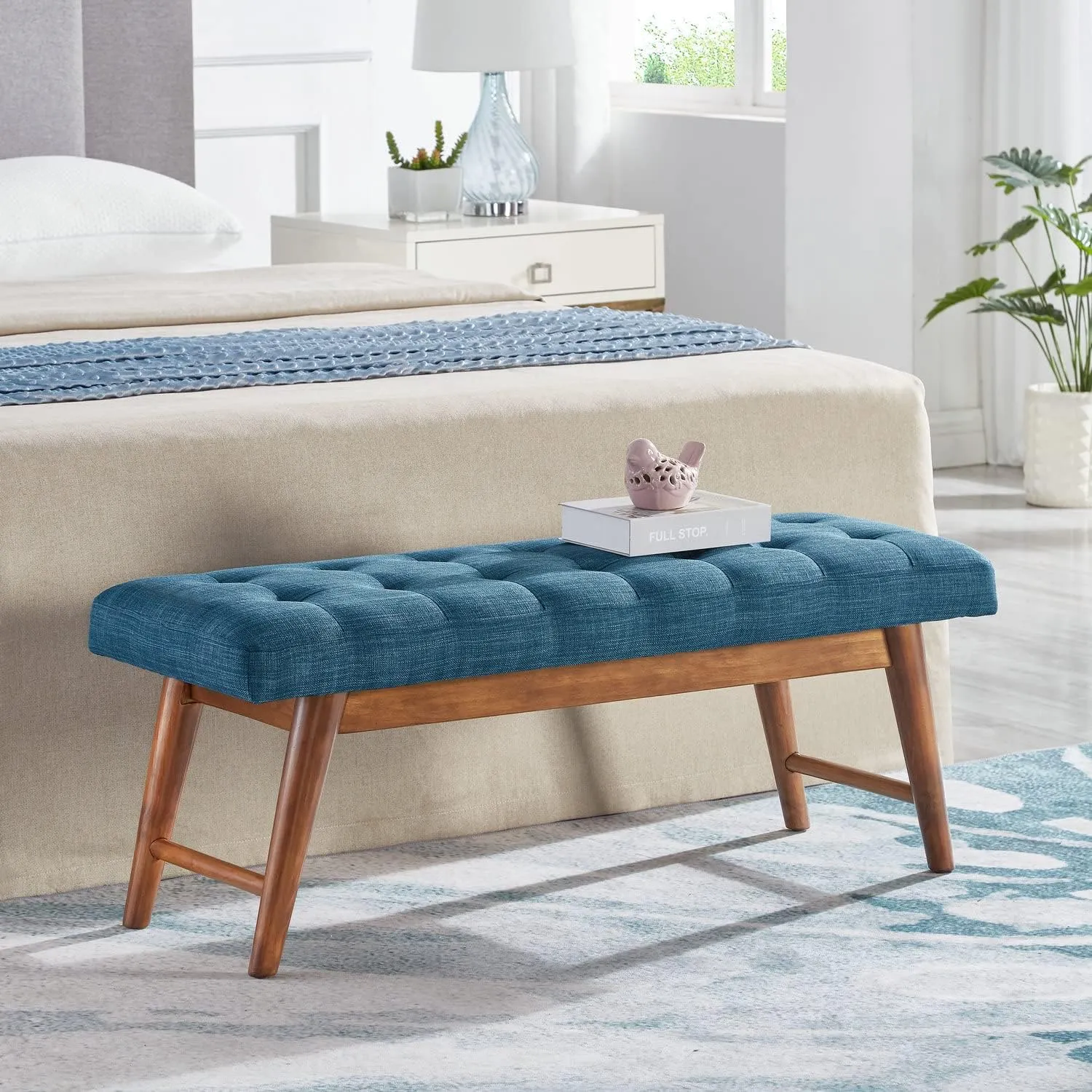 Amazon Basics Modern Haraden Upholstered Button-Tufted Bench, Blue, 16 x 44 x 17 in (Previously Rivet brand)