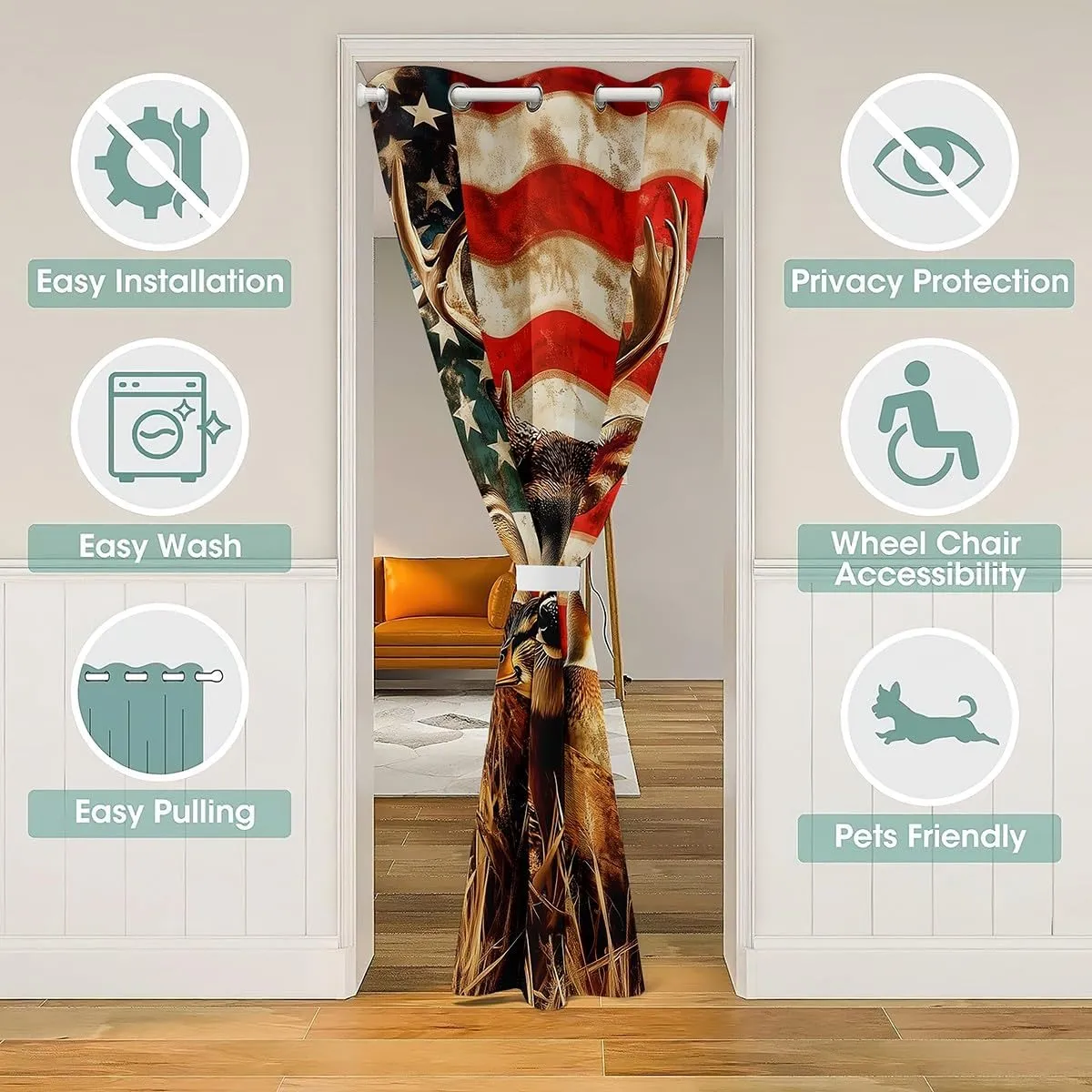 American Flag Door Drape,Deer Hunting Door Curtain for Doorway Privacy for Boys Teens Kids Rustic Duck Country Cabin Jungle Blackout Curtain,Farmhouse Woodland Camouflage Animal Decor,42"W X 84"L