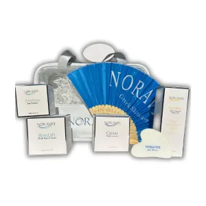 Anti-Aging Gift Set includes a full size of BotoLift, Caviar night cream, AgeDelay night oil, PeptiScin eye cream, stone Gua sha, folding hand fan all in a cosmetic bag.