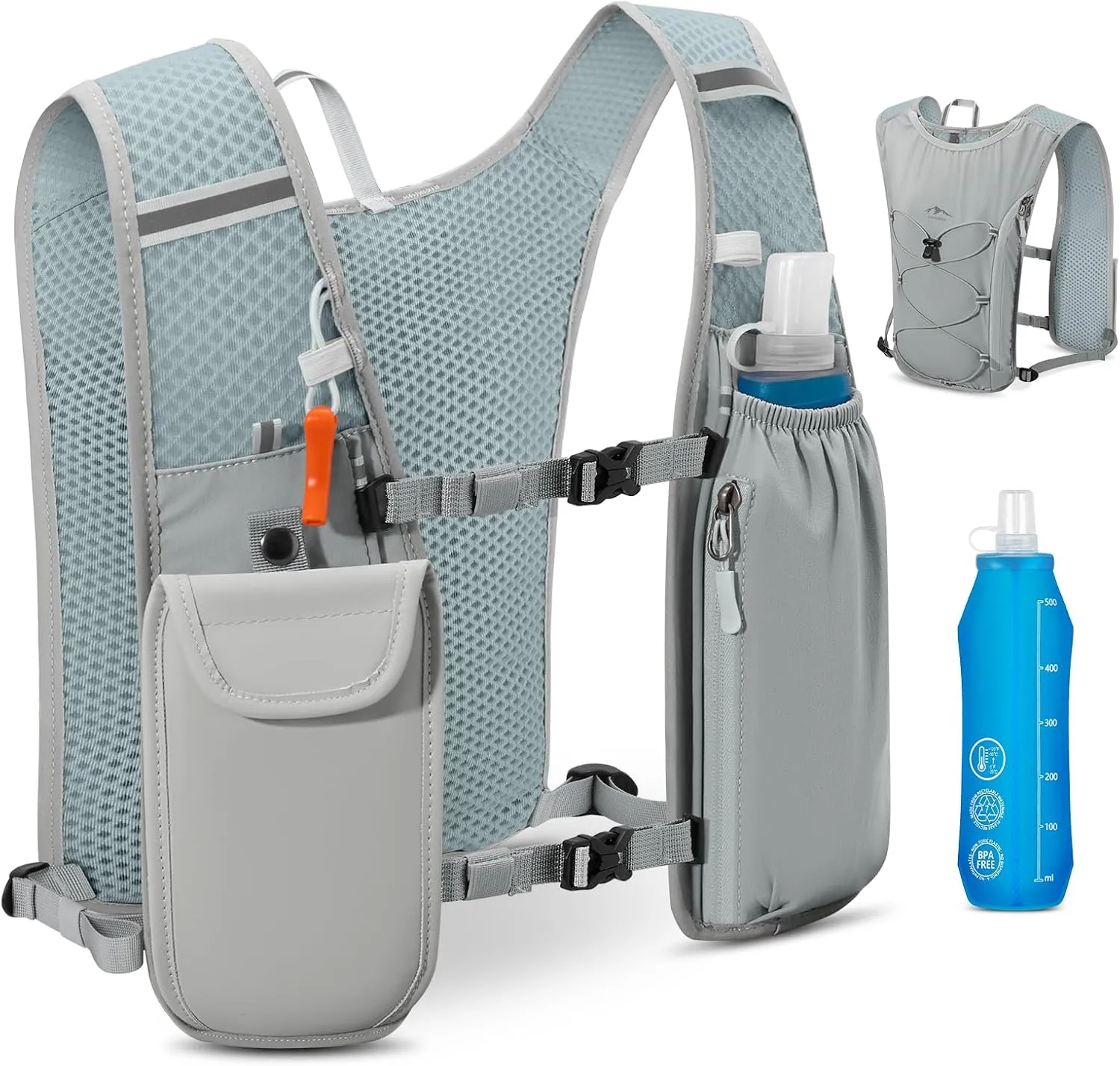 Aojudic Running Hydration Vest - Lightweight Trail Running Pack with 500ml Soft Flask, Waterproof Phone Pocket & No-Bounce Straps for Marathon, Cycling (Grey)