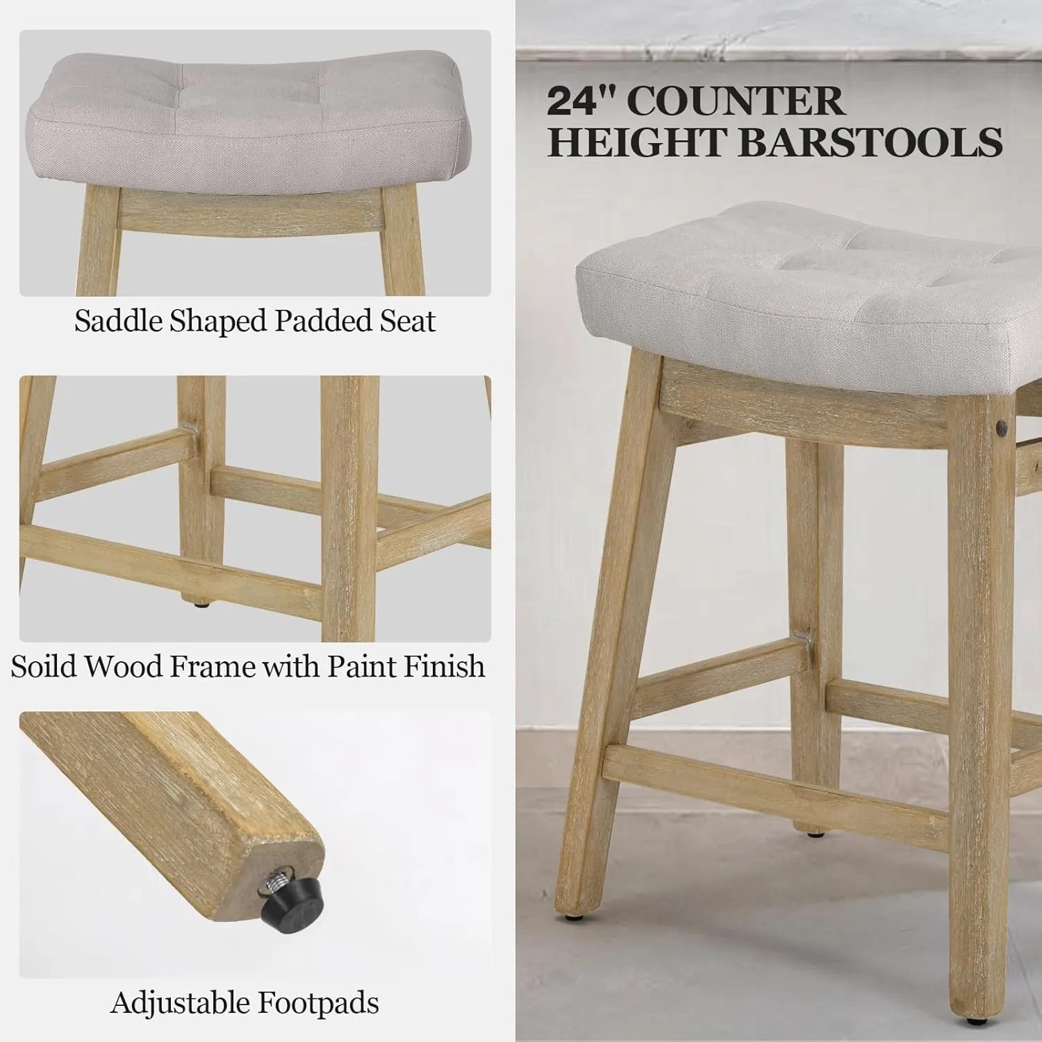 AQO Counter Height Bar Stools Set of 2, Barstools with Upholstered Saddle Seat and Solid Wood Legs 24 Inch Kitchen Counter Stools for Bar, Dining, Farmhouse, Beige Fabric