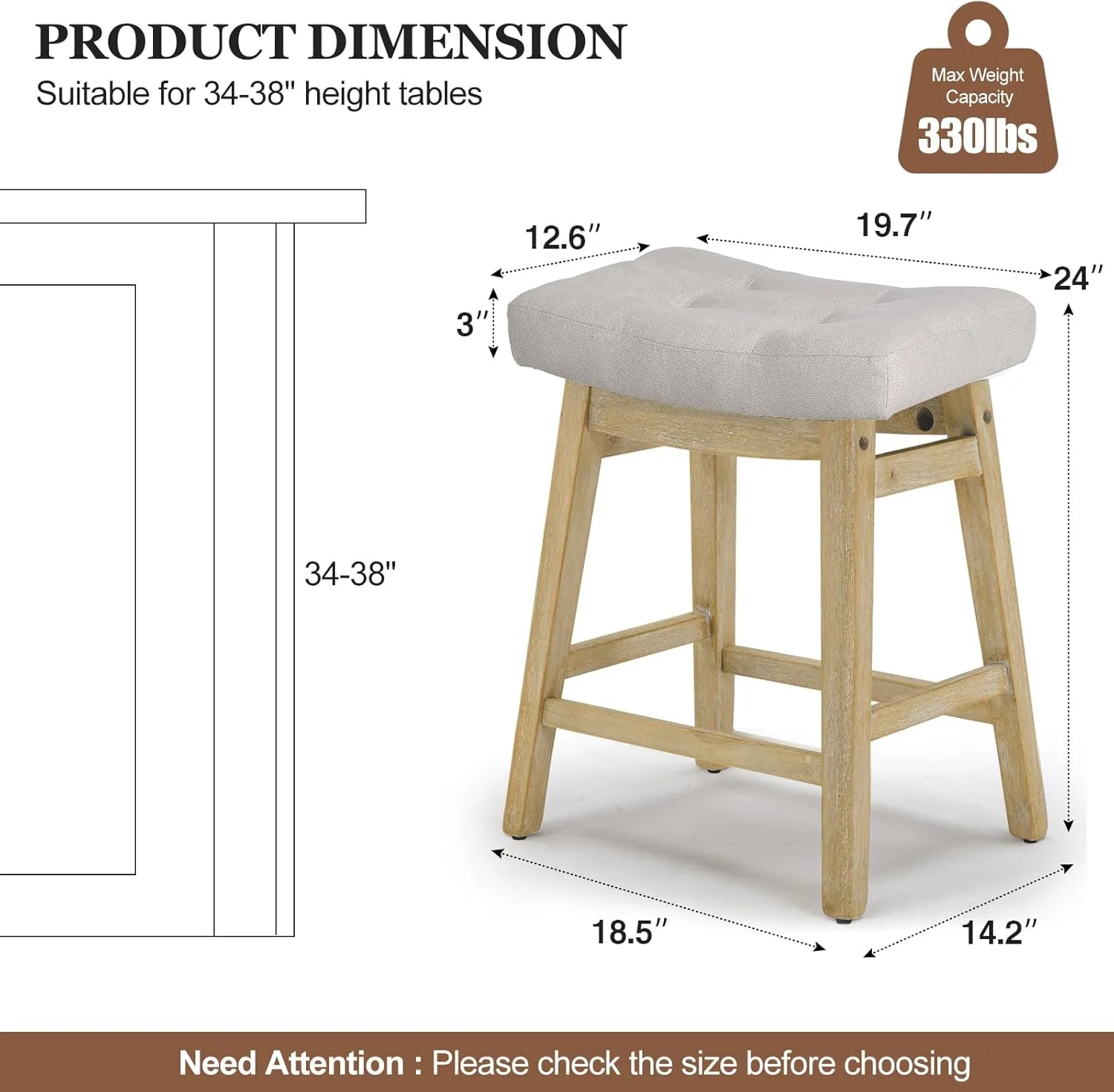 AQO Counter Height Bar Stools Set of 2, Barstools with Upholstered Saddle Seat and Solid Wood Legs 24 Inch Kitchen Counter Stools for Bar, Dining, Farmhouse, Beige Fabric