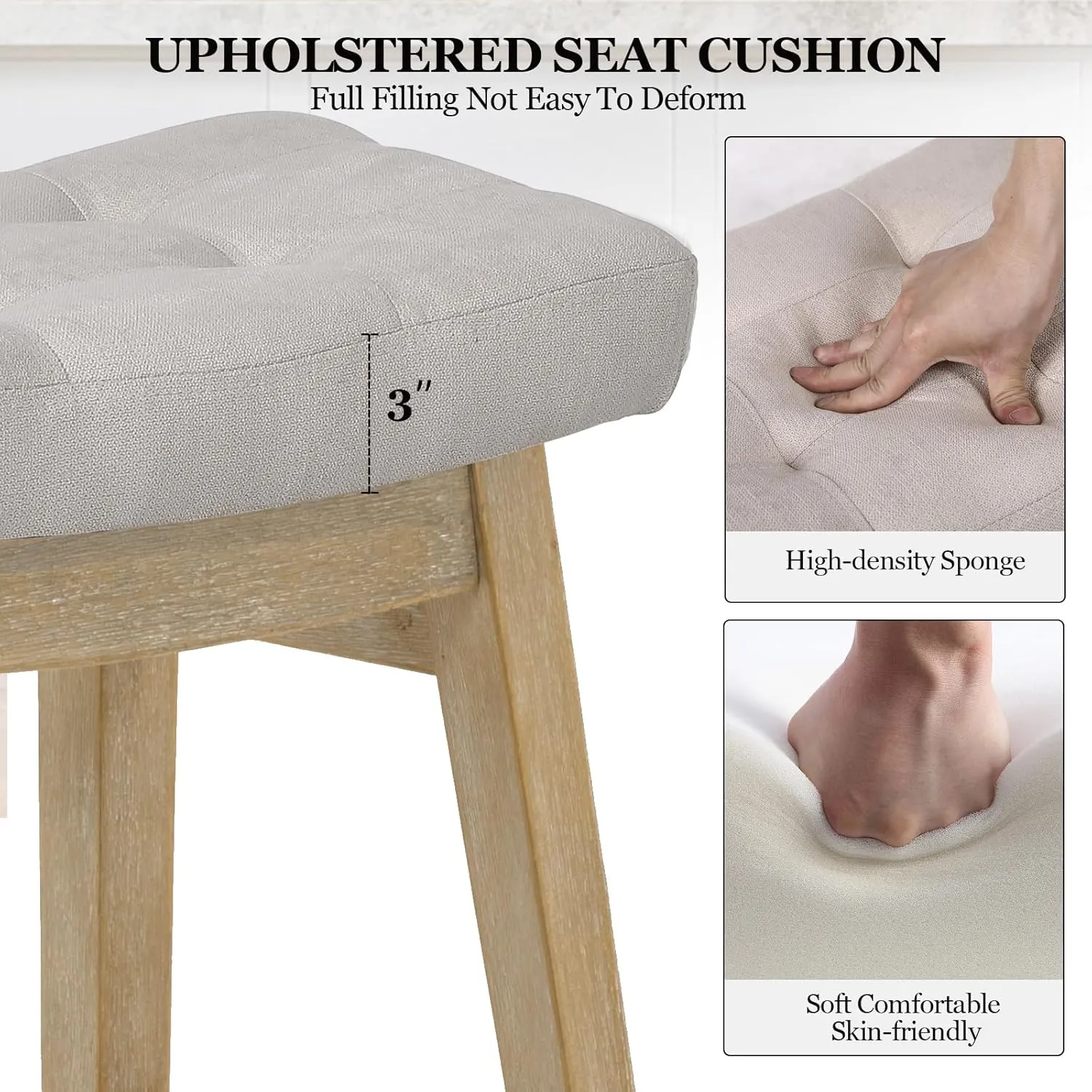 AQO Counter Height Bar Stools Set of 2, Barstools with Upholstered Saddle Seat and Solid Wood Legs 24 Inch Kitchen Counter Stools for Bar, Dining, Farmhouse, Beige Fabric