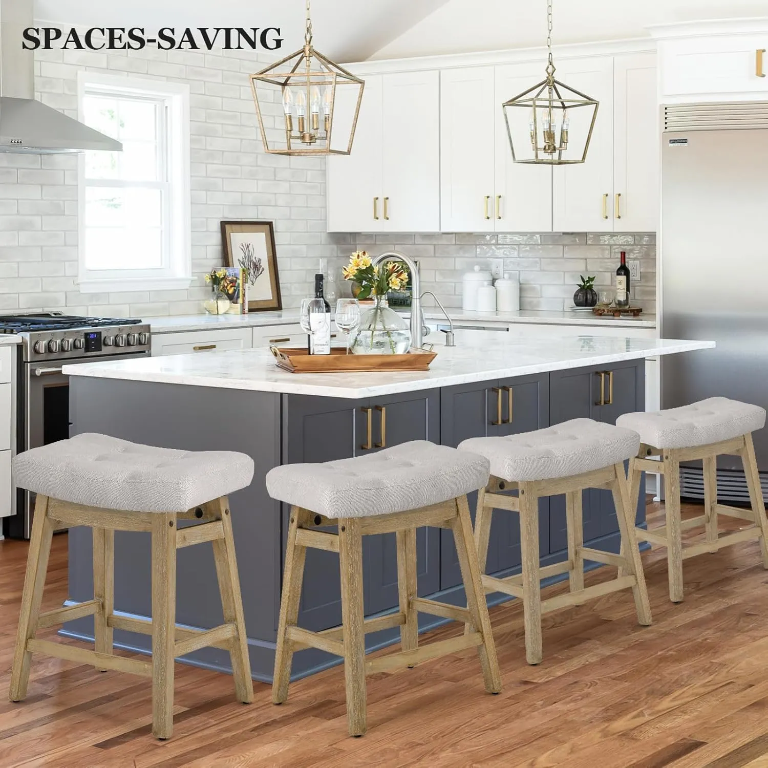 AQO Counter Height Bar Stools Set of 2, Barstools with Upholstered Saddle Seat and Solid Wood Legs 24 Inch Kitchen Counter Stools for Bar, Dining, Farmhouse, Beige Fabric