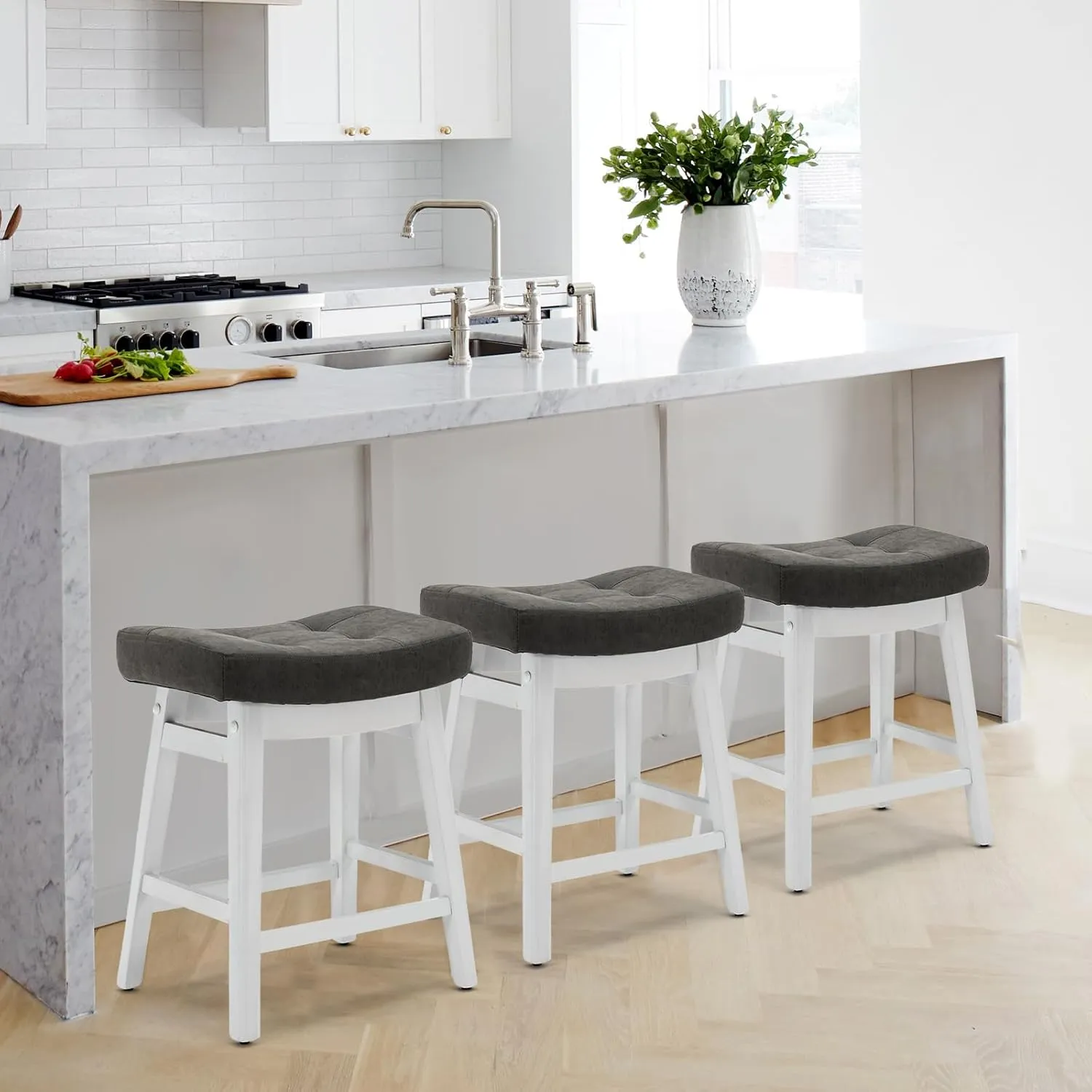 AQO Counter Height Bar Stools Set of 6, Barstools with Upholstered Leather Saddle Seat and Solid Wood Legs 24 Inch Kitchen Counter Stools for Bar, Dining, Farmhouse, Grey