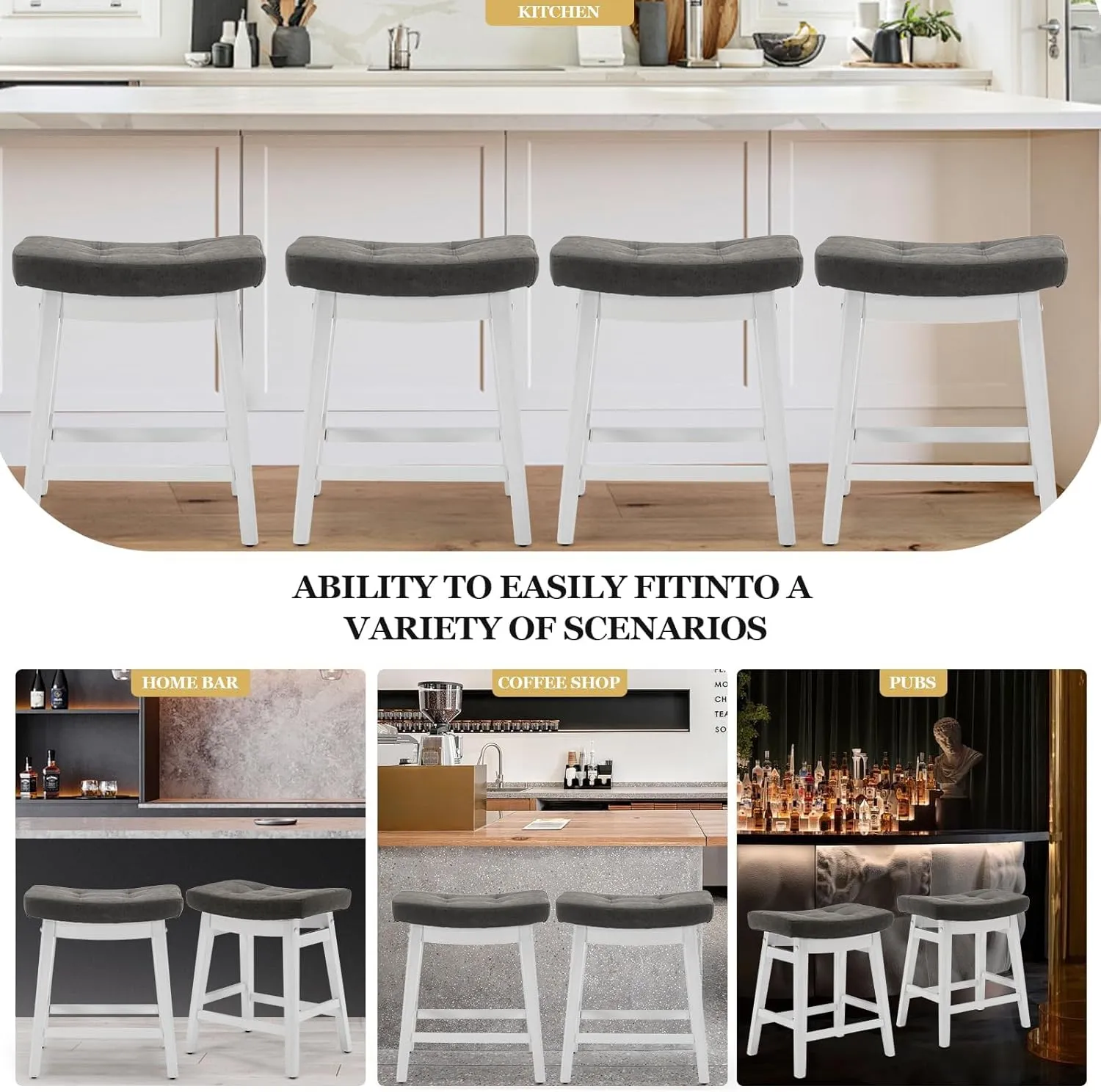 AQO Counter Height Bar Stools Set of 6, Barstools with Upholstered Leather Saddle Seat and Solid Wood Legs 24 Inch Kitchen Counter Stools for Bar, Dining, Farmhouse, Grey
