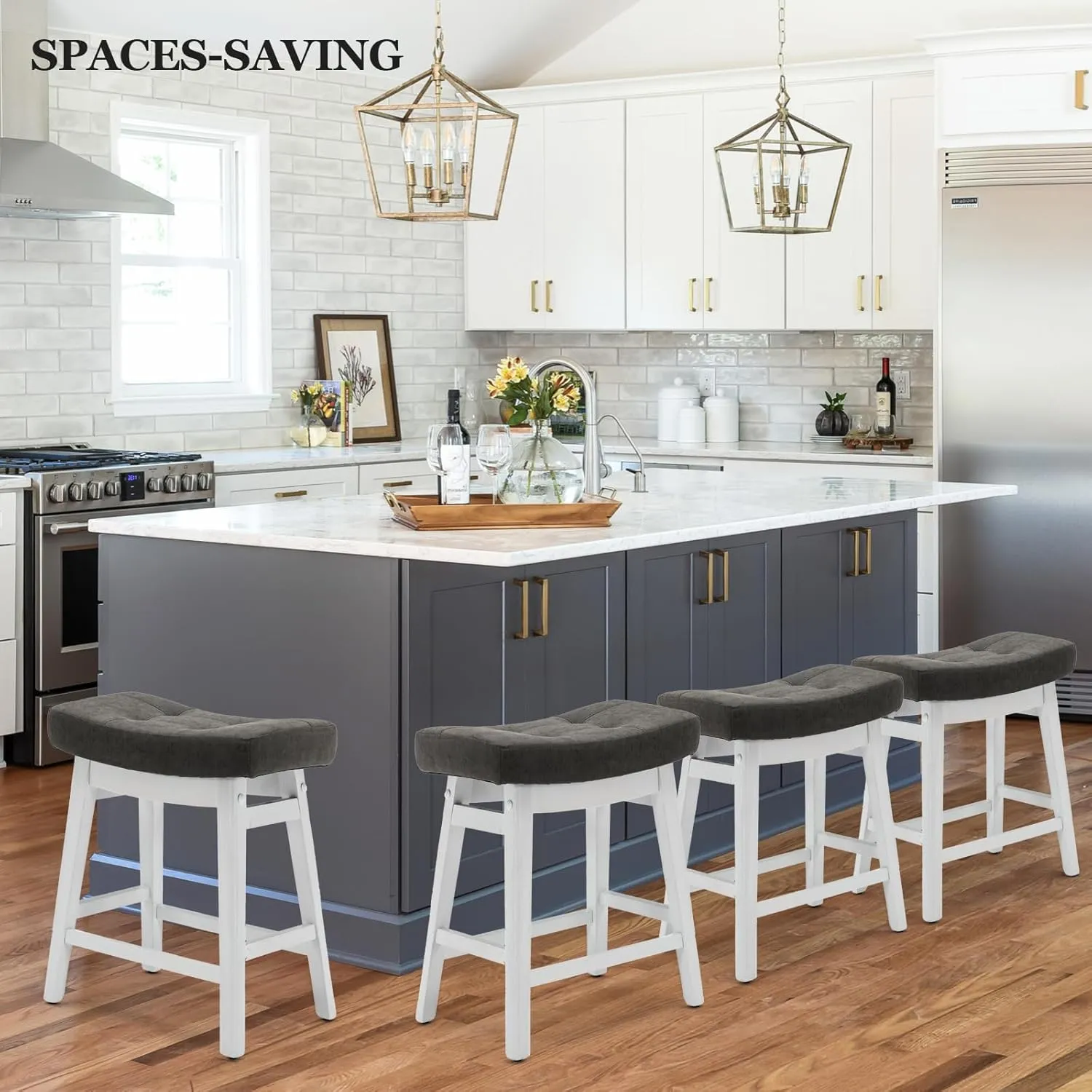 AQO Counter Height Bar Stools Set of 6, Barstools with Upholstered Leather Saddle Seat and Solid Wood Legs 24 Inch Kitchen Counter Stools for Bar, Dining, Farmhouse, Grey