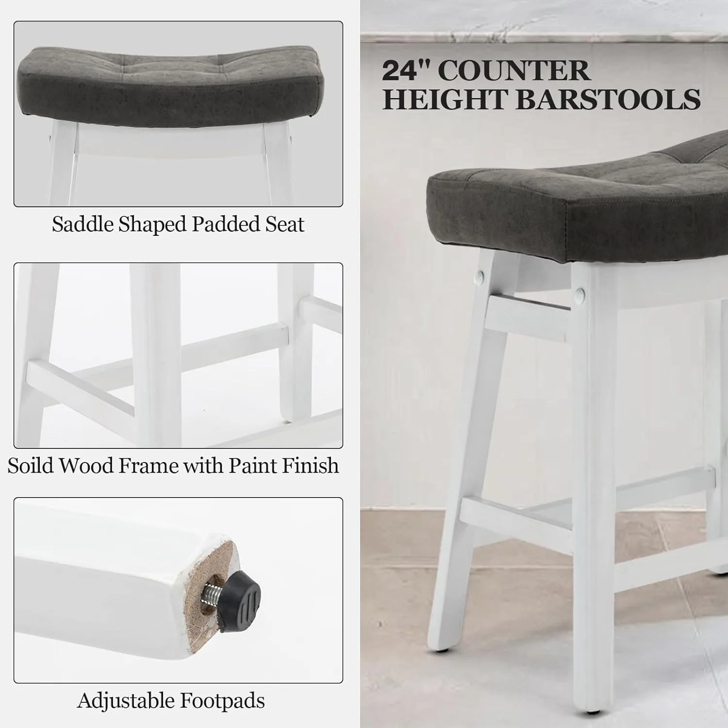 AQO Counter Height Bar Stools Set of 6, Barstools with Upholstered Leather Saddle Seat and Solid Wood Legs 24 Inch Kitchen Counter Stools for Bar, Dining, Farmhouse, Grey