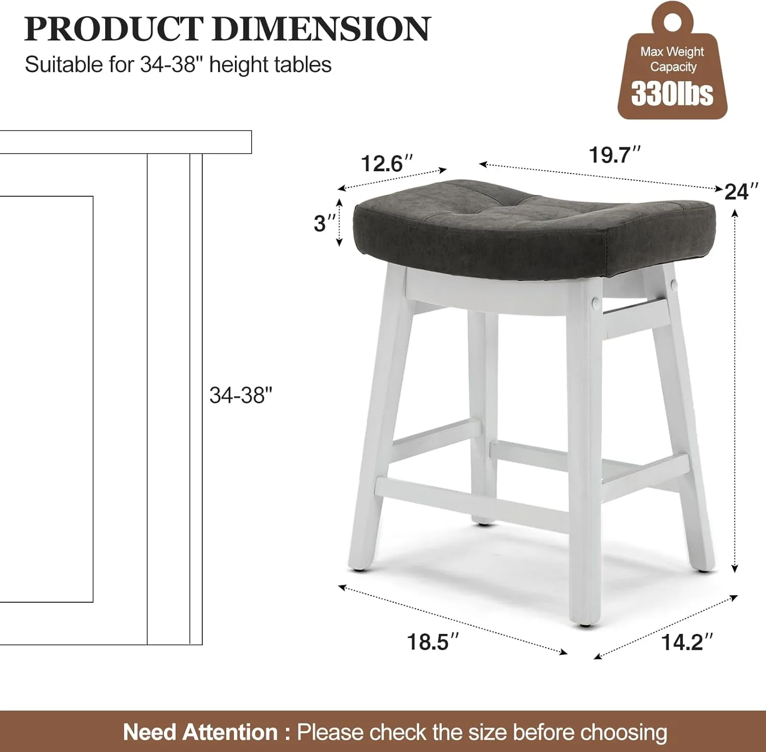 AQO Counter Height Bar Stools Set of 6, Barstools with Upholstered Leather Saddle Seat and Solid Wood Legs 24 Inch Kitchen Counter Stools for Bar, Dining, Farmhouse, Grey