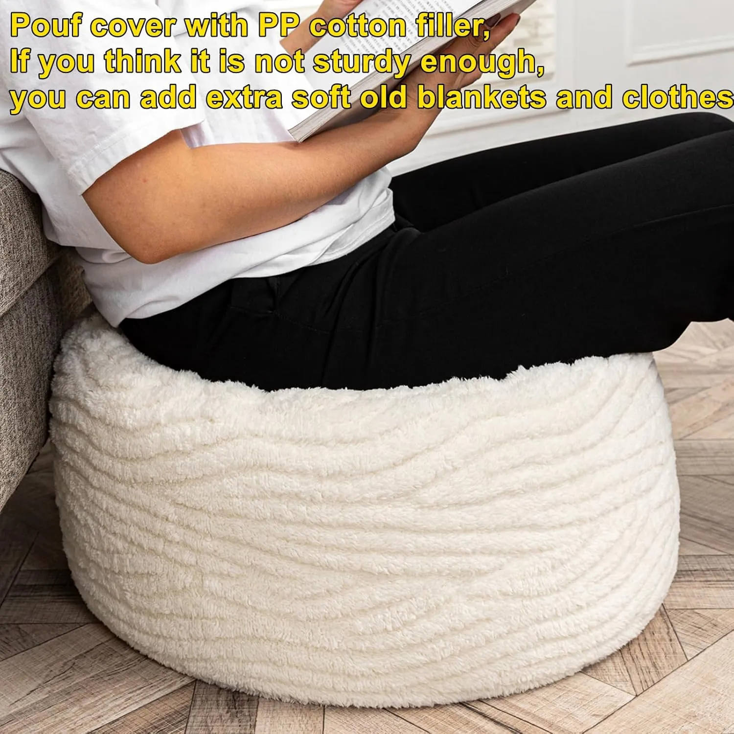 Asuprui Pouf Ottoman Stuffed Modern Foam Ottoman Foot Rest 20x20x12 Inches Floor Pouf Round Pouf Seat Floor Bean Bag Chair Foldable Floor Chair Storage for Living Room Bedroom Ivory Pouf with Filler
