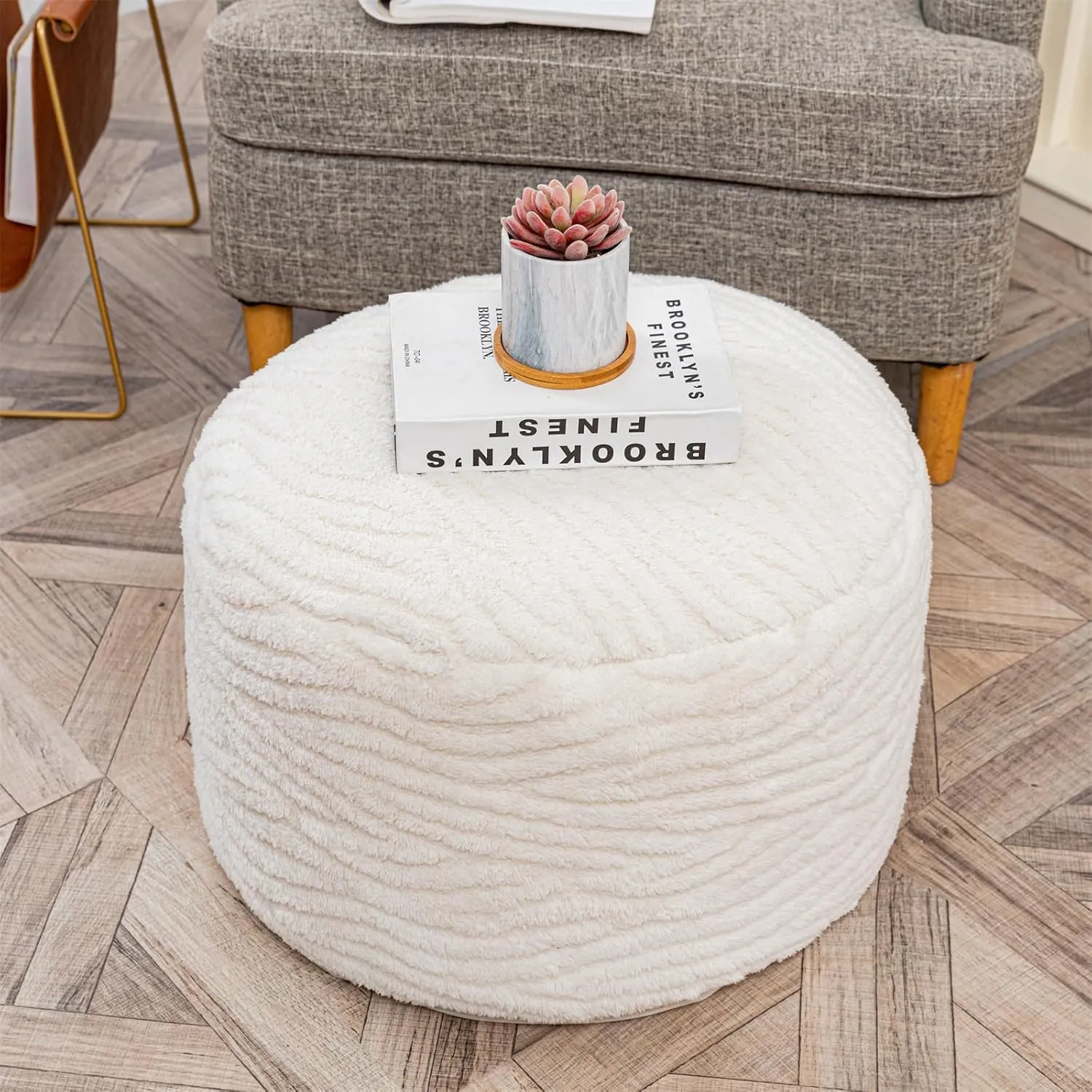 Asuprui Pouf Ottoman Stuffed Modern Foam Ottoman Foot Rest 20x20x12 Inches Floor Pouf Round Pouf Seat Floor Bean Bag Chair Foldable Floor Chair Storage for Living Room Bedroom Ivory Pouf with Filler