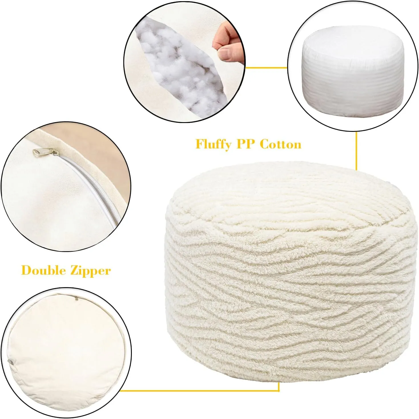 Asuprui Pouf Ottoman Stuffed Modern Foam Ottoman Foot Rest 20x20x12 Inches Floor Pouf Round Pouf Seat Floor Bean Bag Chair Foldable Floor Chair Storage for Living Room Bedroom Ivory Pouf with Filler