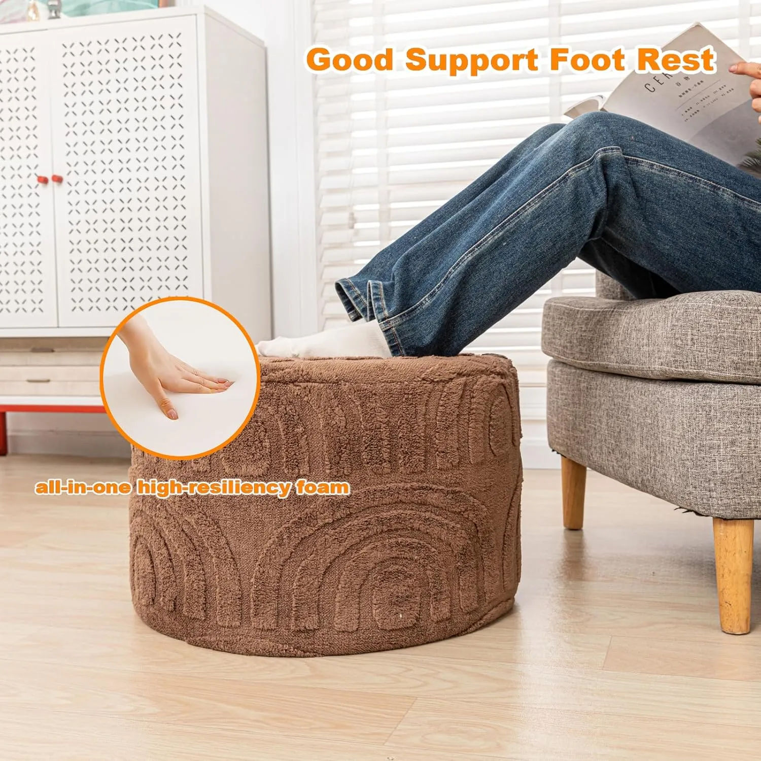 Asuprui Round Ottoman Pouf Ottoman Foot Stool Seat Faux Fur Bean Bag Foot Rest Floor Chair Leg Rest for Living Room, Bedroom or Wedding Gifts 20x20x14 Inches (Coffee)
