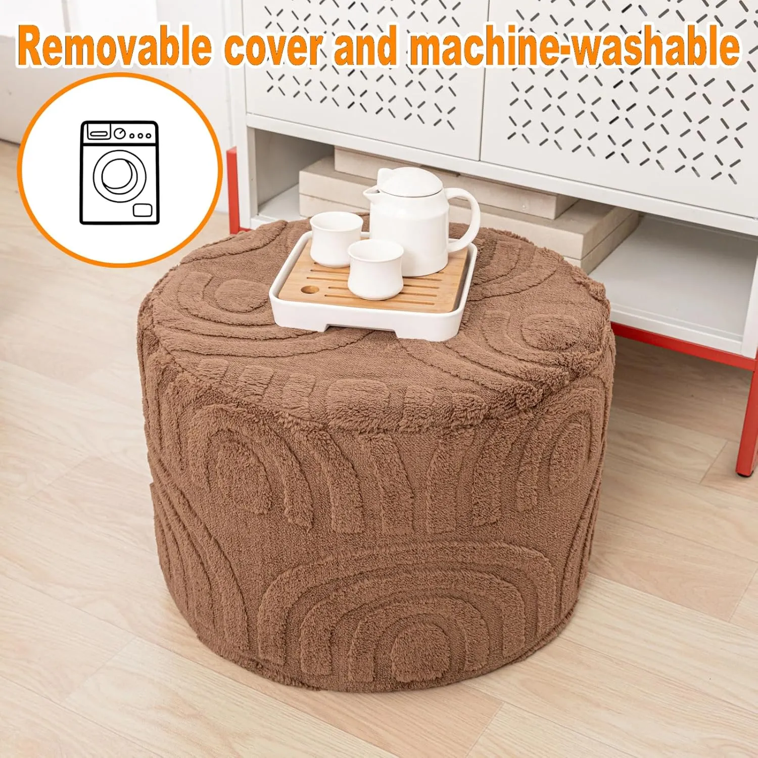 Asuprui Round Ottoman Pouf Ottoman Foot Stool Seat Faux Fur Bean Bag Foot Rest Floor Chair Leg Rest for Living Room, Bedroom or Wedding Gifts 20x20x14 Inches (Coffee)