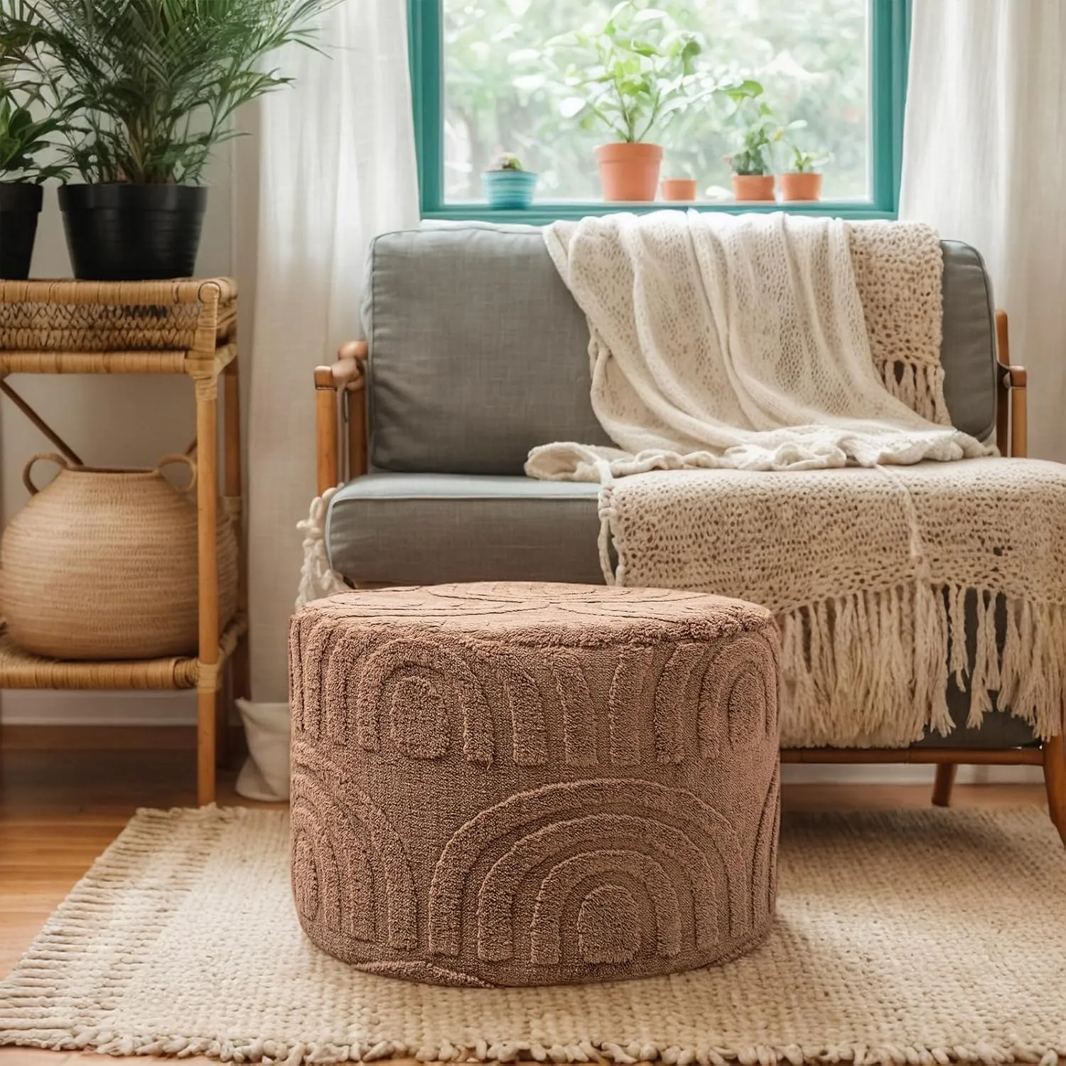 Asuprui Round Ottoman Pouf Ottoman Foot Stool Seat Faux Fur Bean Bag Foot Rest Floor Chair Leg Rest for Living Room, Bedroom or Wedding Gifts 20x20x14 Inches (Coffee)
