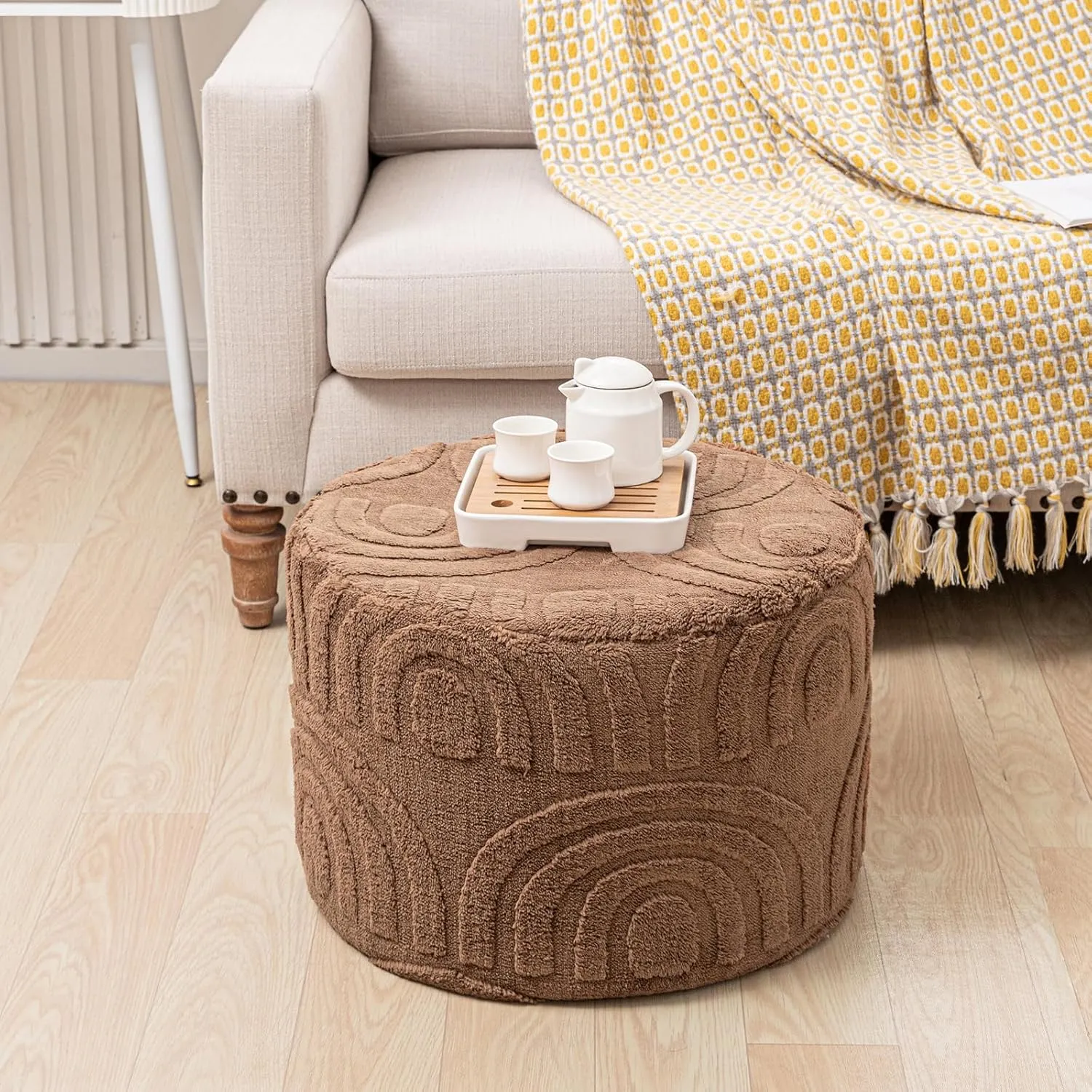 Asuprui Round Ottoman Pouf Ottoman Foot Stool Seat Faux Fur Bean Bag Foot Rest Floor Chair Leg Rest for Living Room, Bedroom or Wedding Gifts 20x20x14 Inches (Coffee)