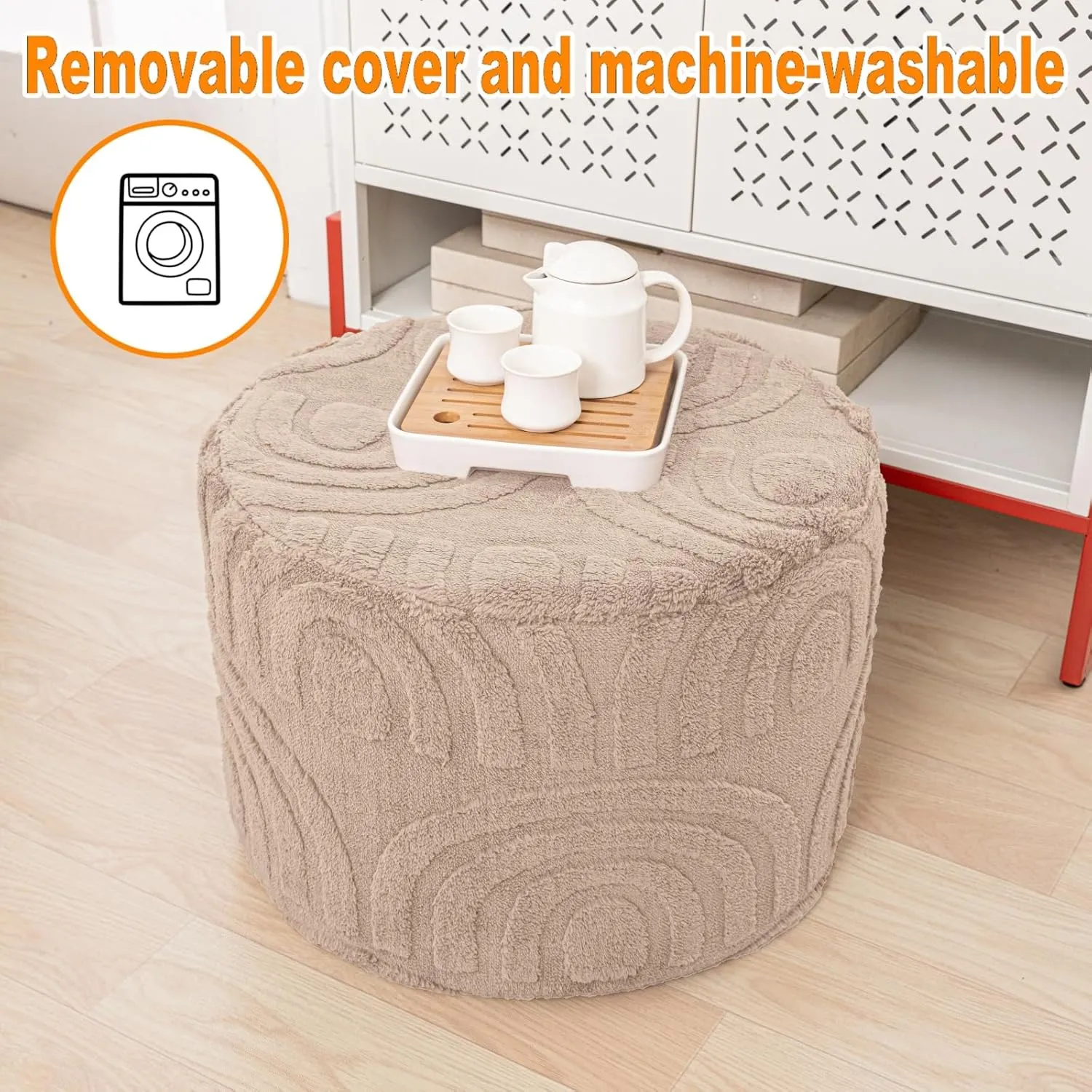 Asuprui Round Ottoman Pouf Ottoman Foot Stool Seat Faux Fur Bean Bag Foot Rest Floor Chair Leg Rest for Living Room, Bedroom or Wedding Gifts 20x20x14 Inches (Natural Linen)