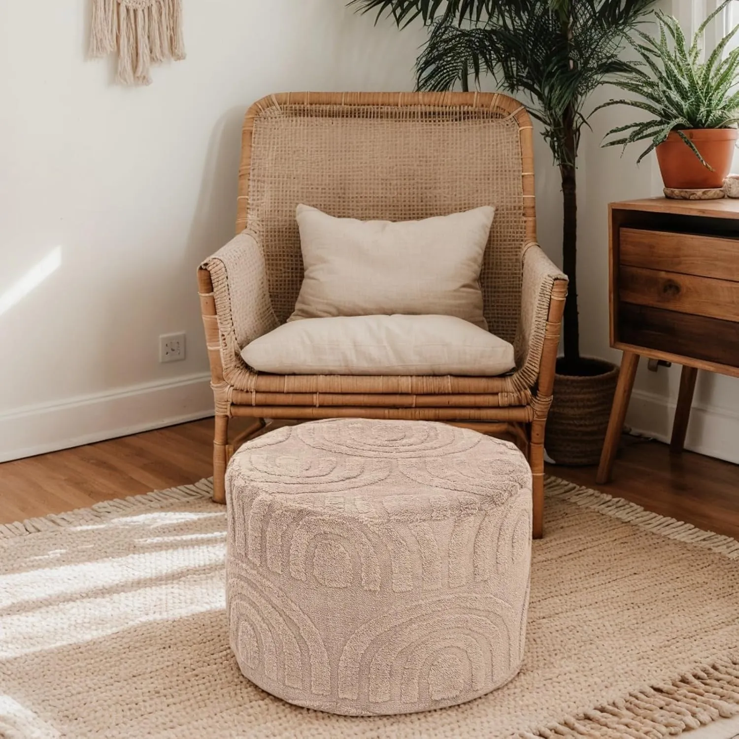 Asuprui Round Ottoman Pouf Ottoman Foot Stool Seat Faux Fur Bean Bag Foot Rest Floor Chair Leg Rest for Living Room, Bedroom or Wedding Gifts 20x20x14 Inches (Natural Linen)