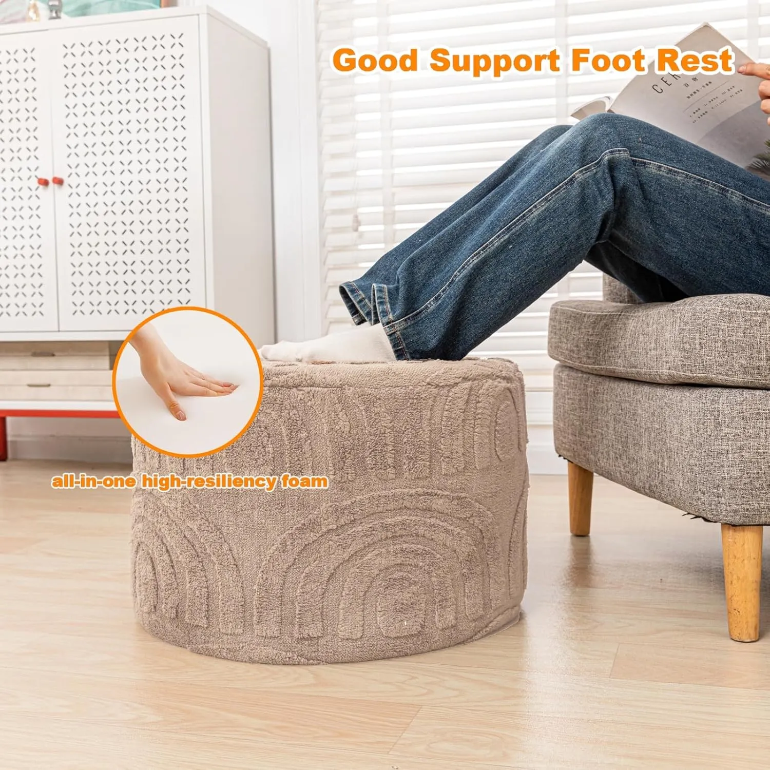 Asuprui Round Ottoman Pouf Ottoman Foot Stool Seat Faux Fur Bean Bag Foot Rest Floor Chair Leg Rest for Living Room, Bedroom or Wedding Gifts 20x20x14 Inches (Natural Linen)