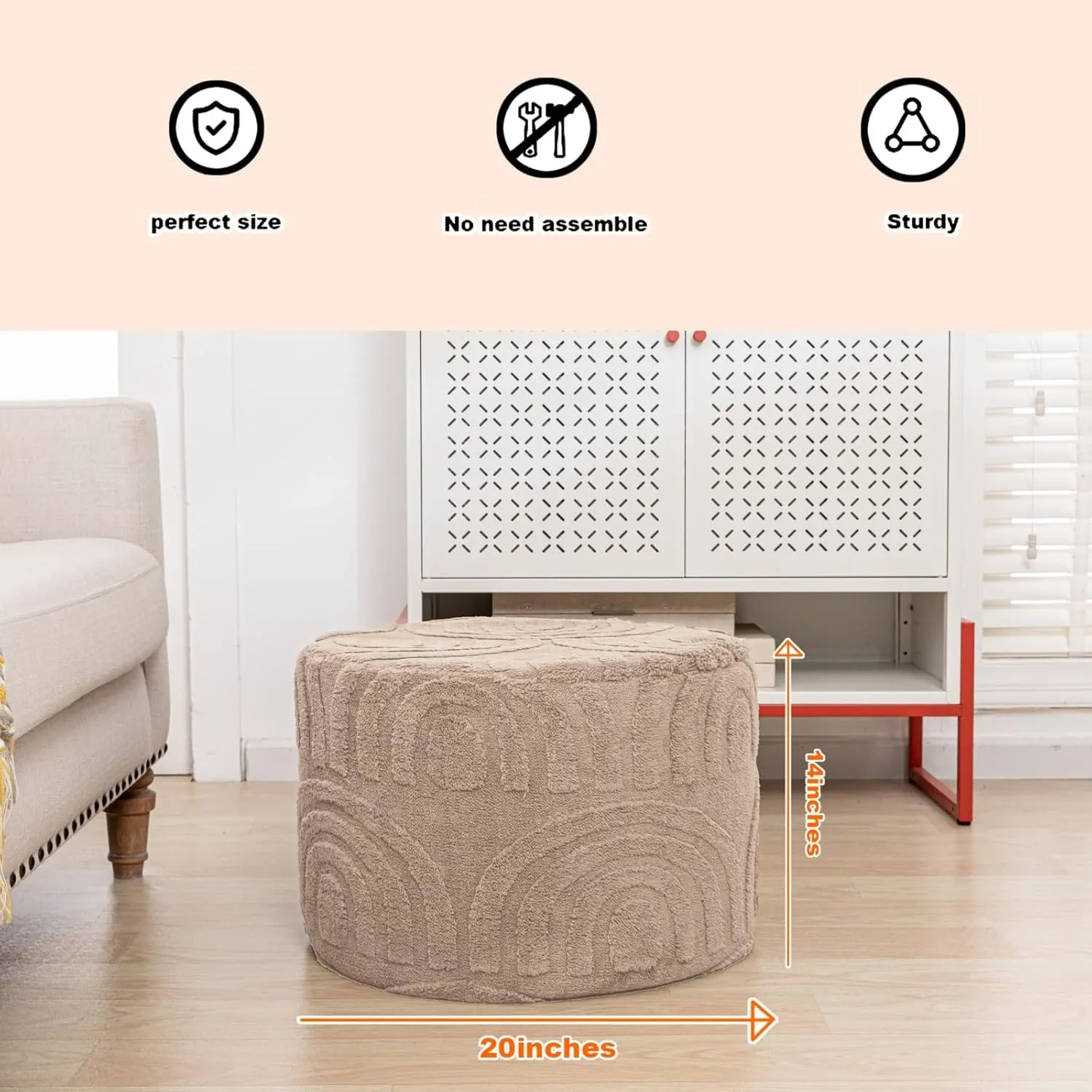 Asuprui Round Ottoman Pouf Ottoman Foot Stool Seat Faux Fur Bean Bag Foot Rest Floor Chair Leg Rest for Living Room, Bedroom or Wedding Gifts 20x20x14 Inches (Natural Linen)