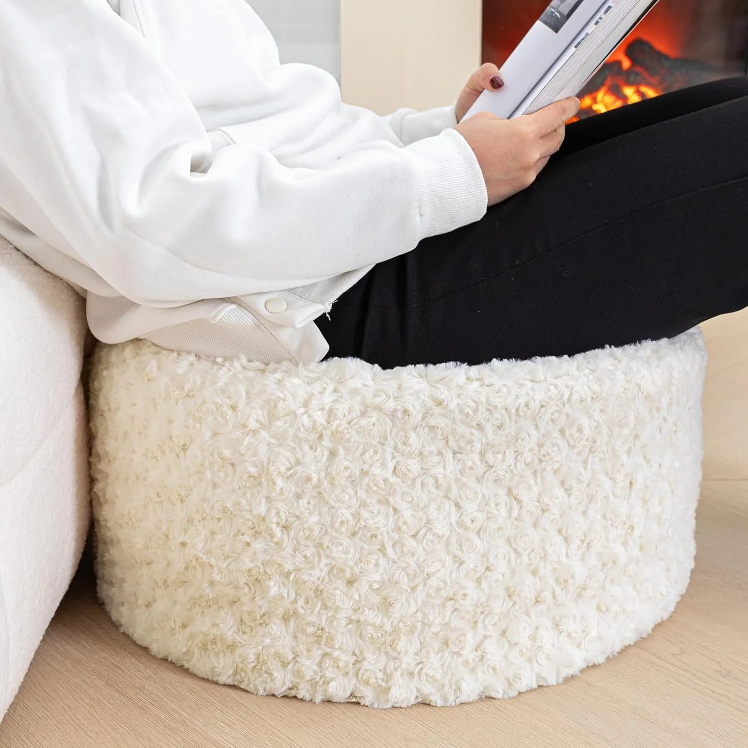 Asuprui Round Pouf Ottoman Stuffed Foot Stool Floor Pouf Chair for Living Room Bedroom Filled Boho Poof Foot Rest for Couch 20 Diameter x 12 Height Cream with Filler