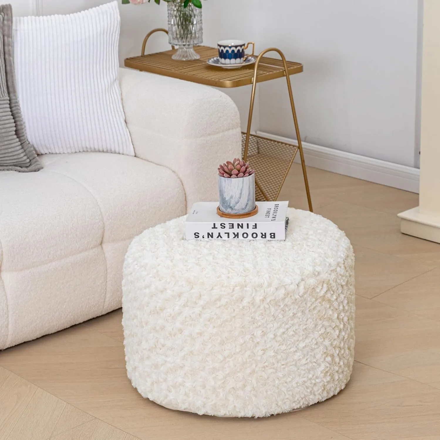Asuprui Round Pouf Ottoman Stuffed Foot Stool Floor Pouf Chair for Living Room Bedroom Filled Boho Poof Foot Rest for Couch 20 Diameter x 12 Height Cream with Filler