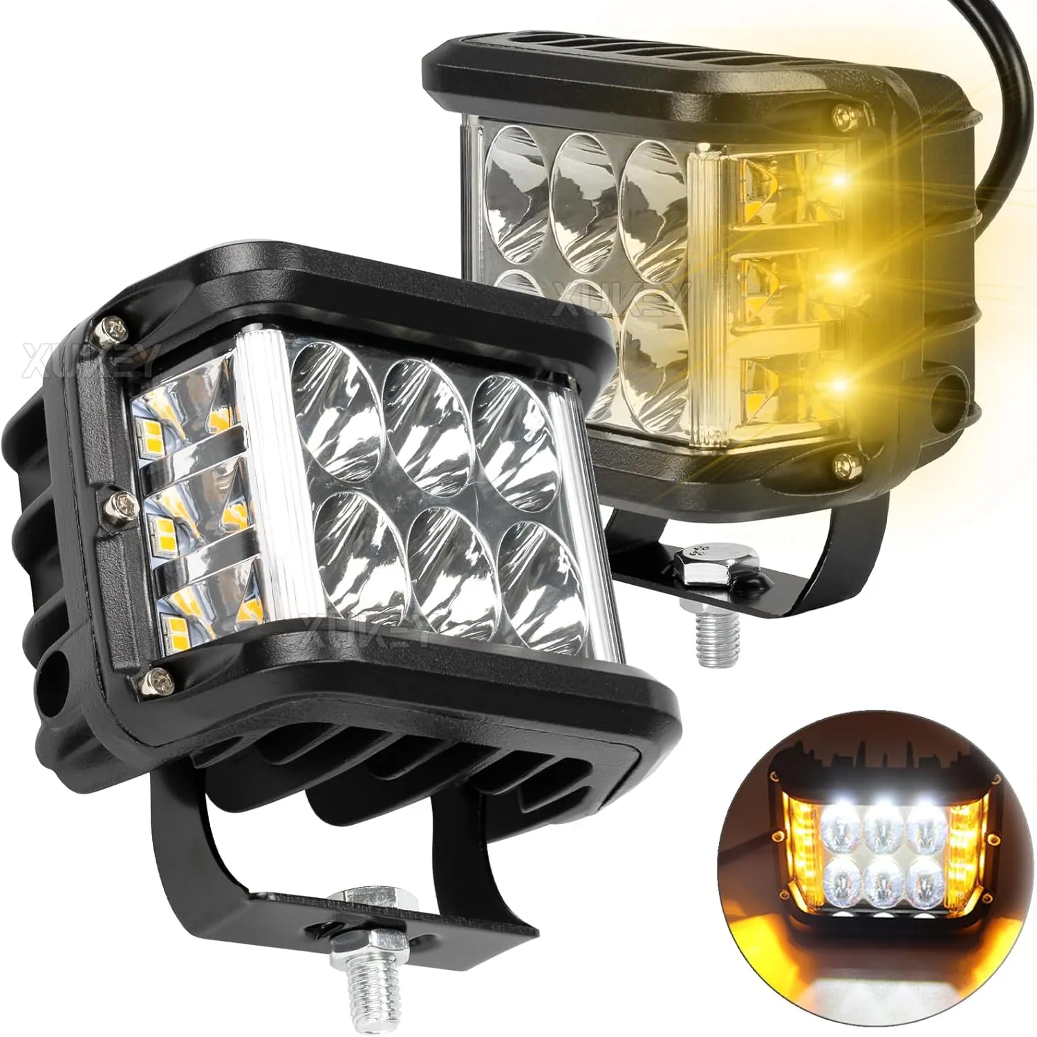 AUTOXBERT 2PCS Side Shooter Pods Light, 4 Inch Off Road Dual Side LED Strobe Cube Lights with White & Yellow Flash for Jeep Truck ATV 4x4 Tractor Plow