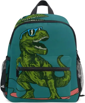 AUUXVA Skateboard Dinosaur Kid's Backpack Green Toddler Bag with Chest Clip Schoolbag for Girl Boy Preschool Kindergarten Student Bookbag Children Bag Travel Daypack