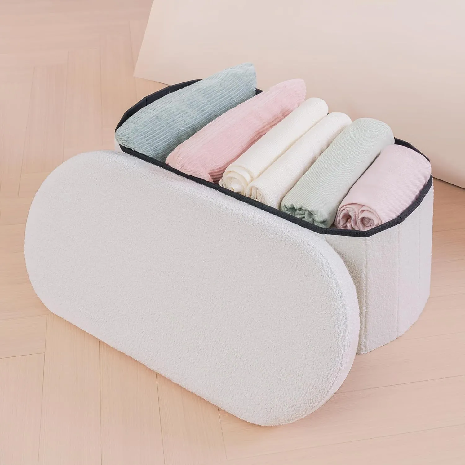 B FSOBEIIALEO Ottoman with Storage for Living Room, Sherpa Folding Storage Ottoman Foot Rest, 30 Inches Collapsible Bedroom Bench Cream White