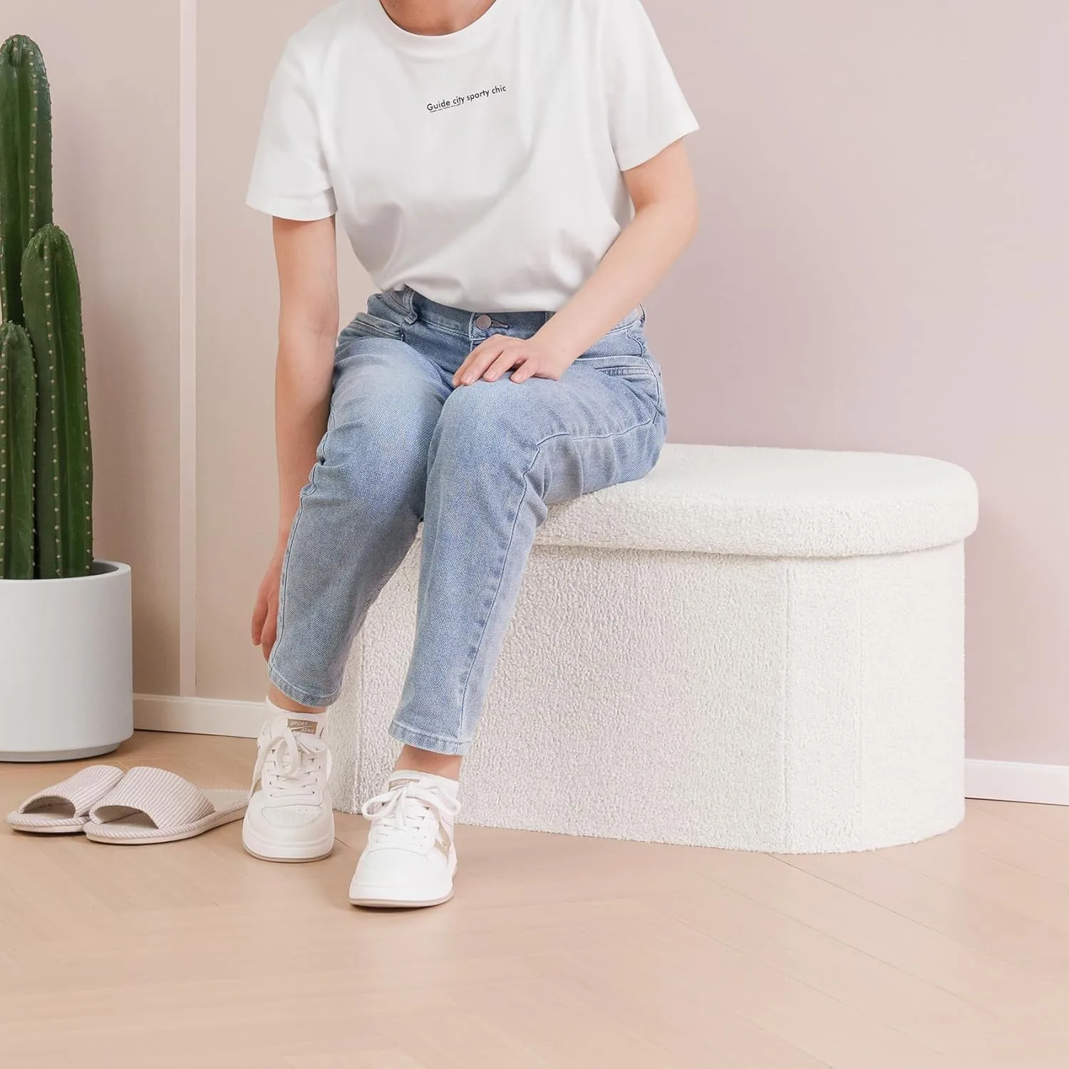 B FSOBEIIALEO Ottoman with Storage for Living Room, Sherpa Folding Storage Ottoman Foot Rest, 30 Inches Collapsible Bedroom Bench Cream White